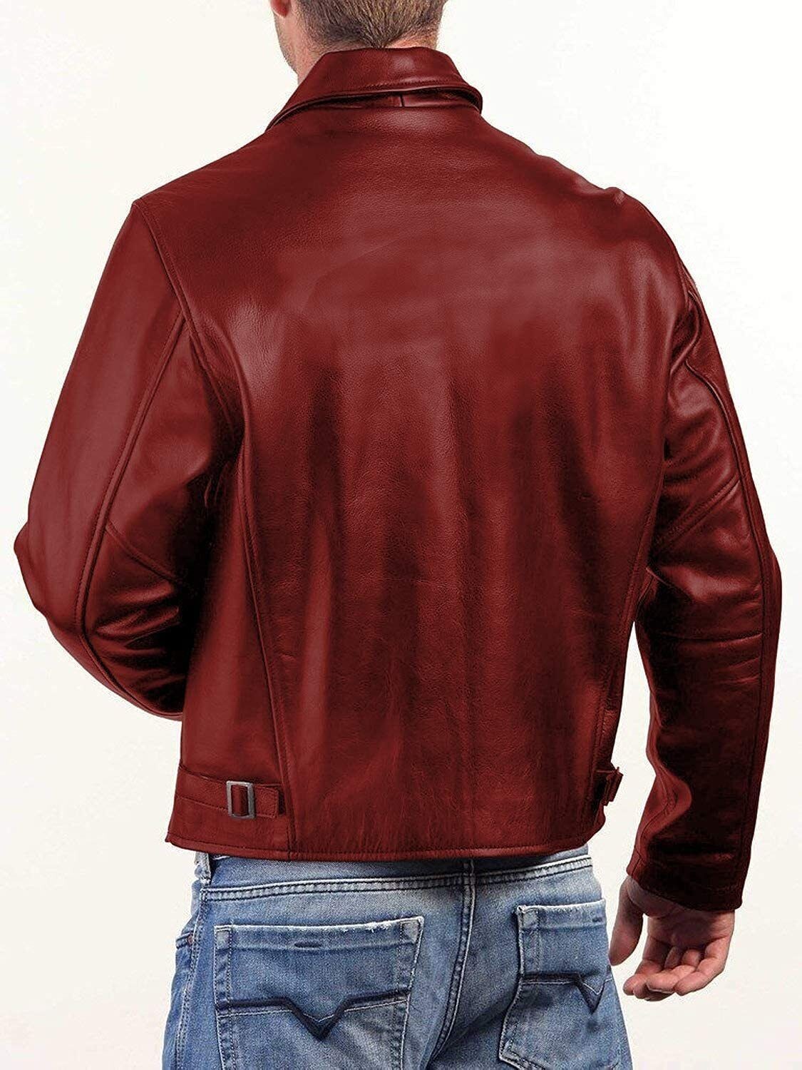 Dark Red Genuine Sheepskin Leather Jacket Classic Style Collared High Quality