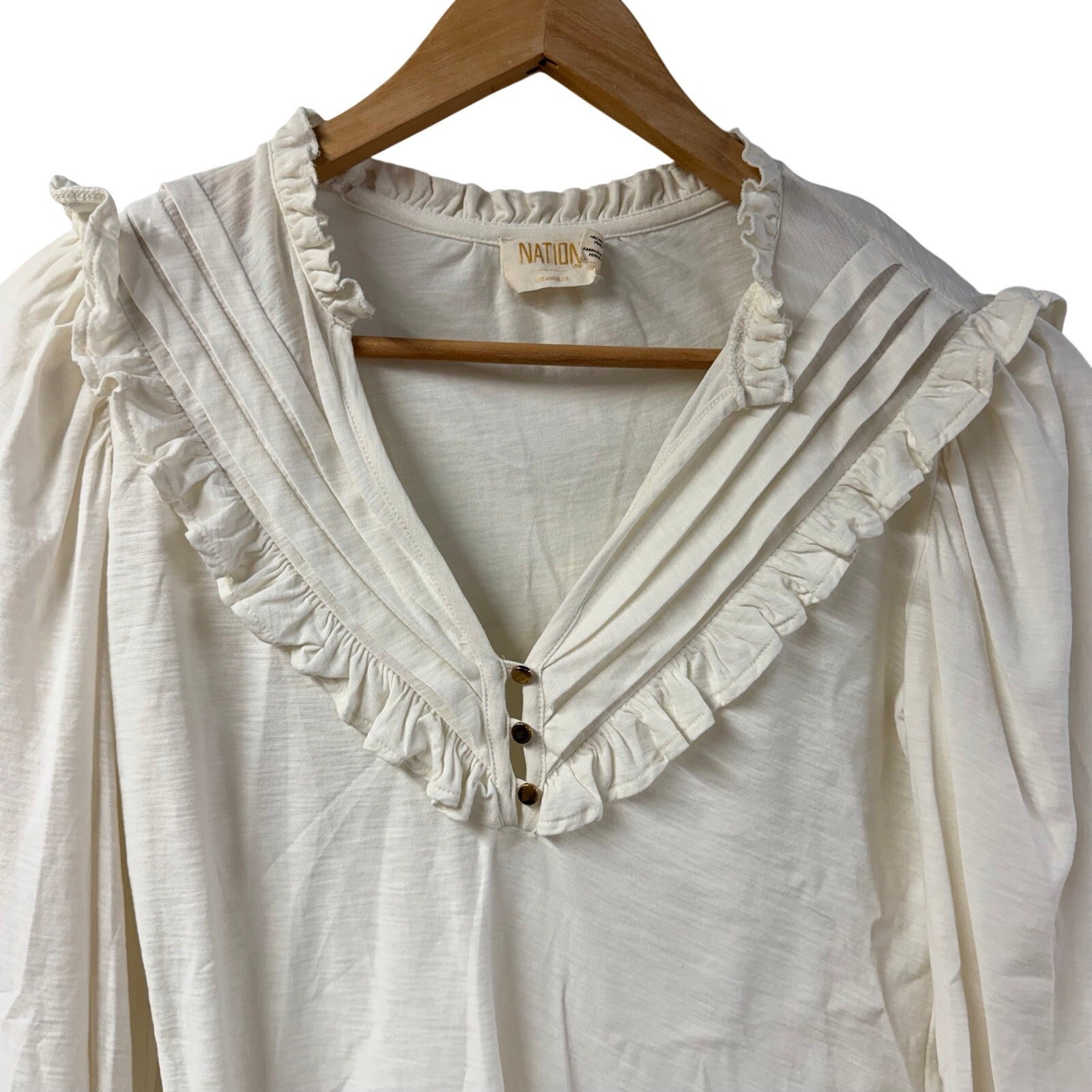 Nation Los Angeles White Ruffle Trim PuffSleeve Top XS Anthropologie Peru Cotton