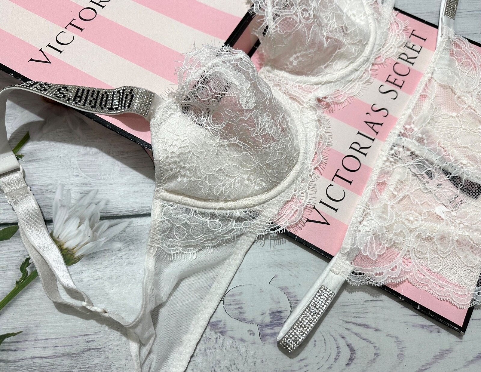 Victoria’s Secret Shine Strap Bra Bikini Set Bridal Lace Blink Cheeky White