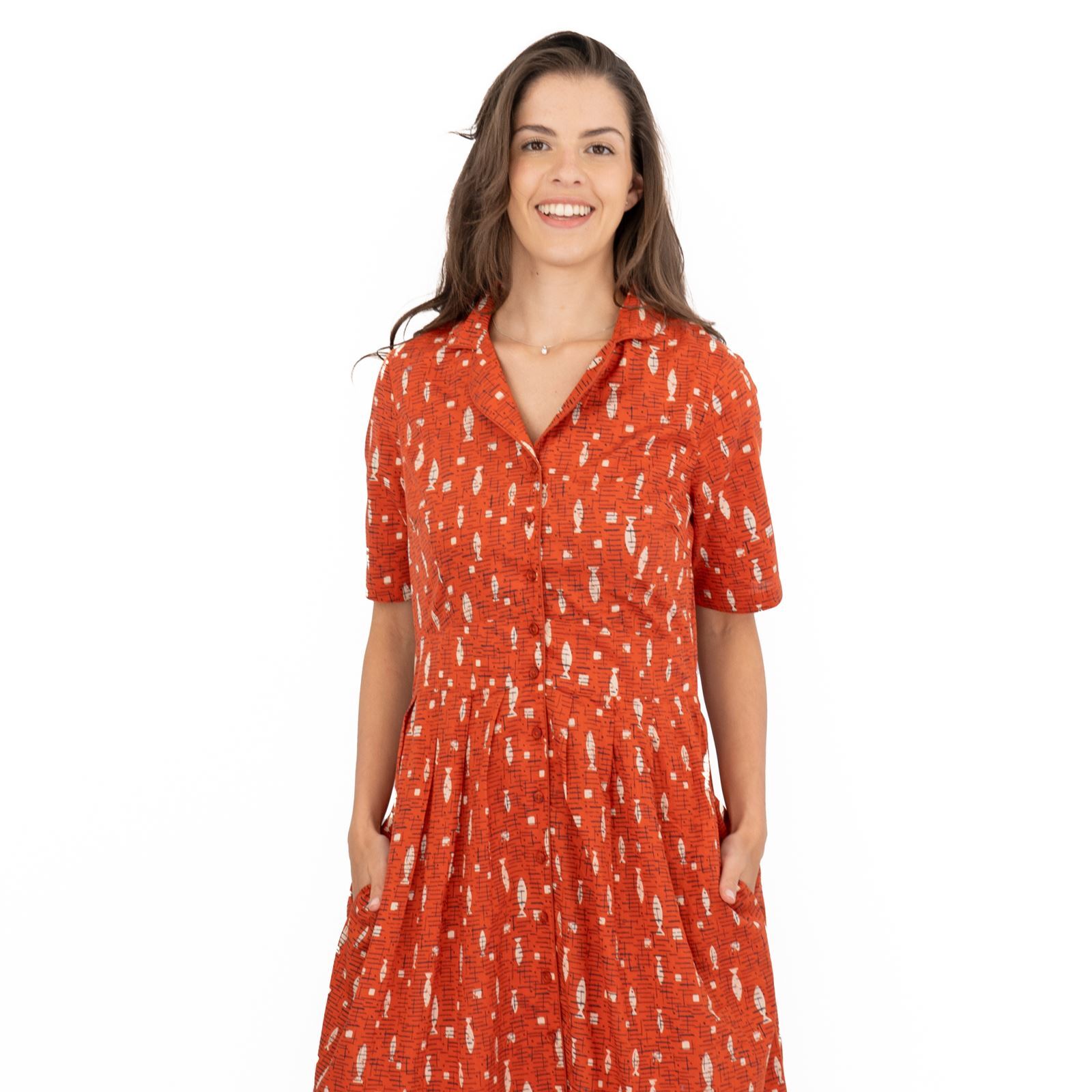 Seasalt Womens Dress Charlotte Fish Orange Cotton Midi Fit & Flare Pockets