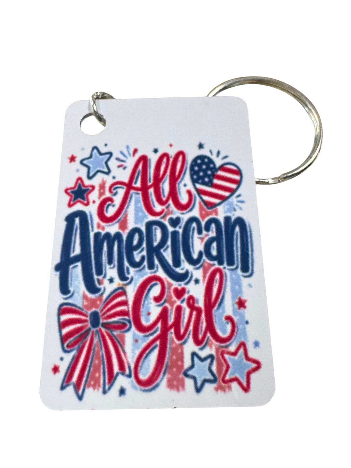 All American Girl Patriotic Metal Keychain, Red White and Blue USA Flag Design