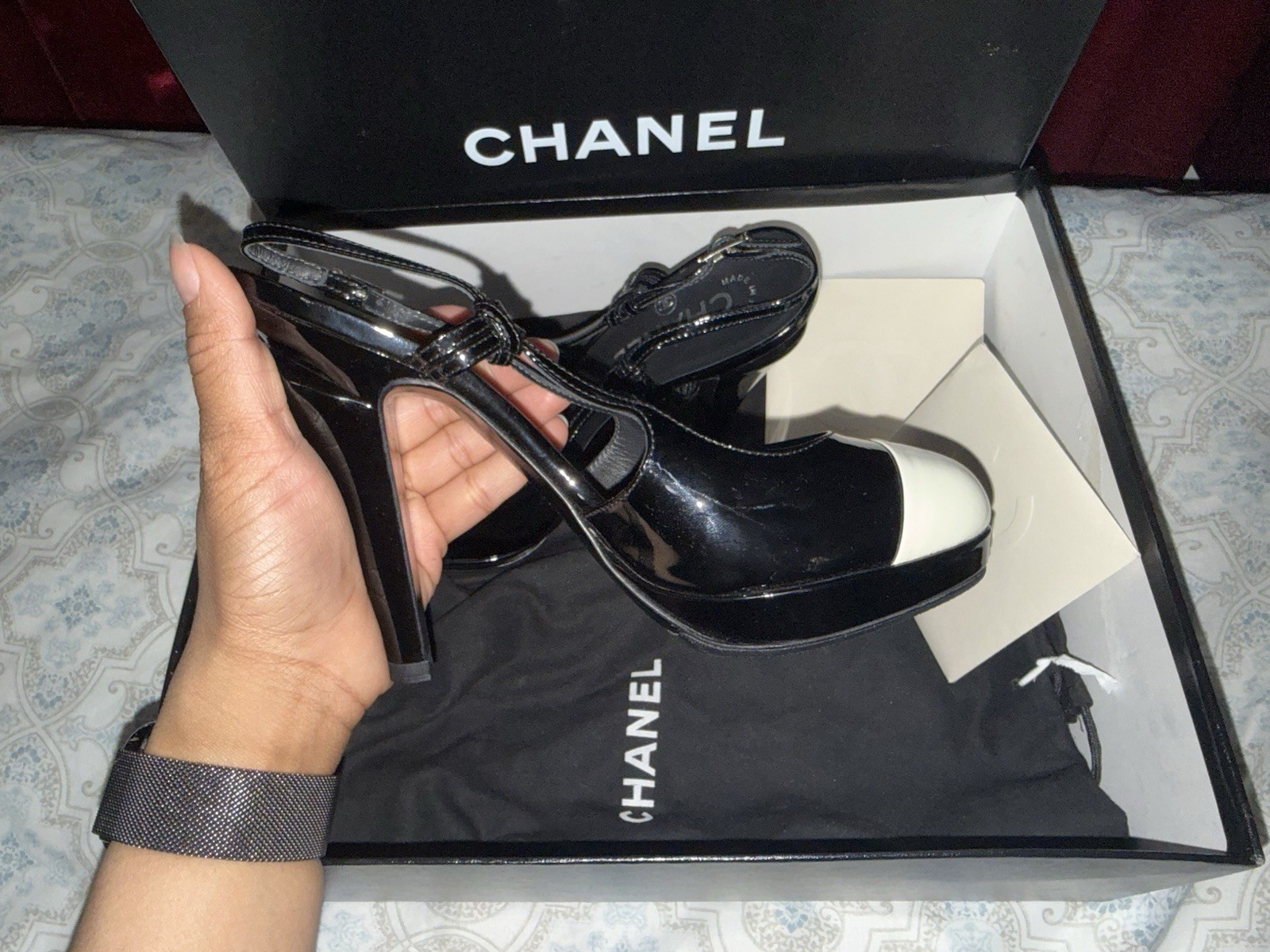 Vtg 2008 Chanel Black Bicolor Patent Leather Heels 36.5 *See Description*