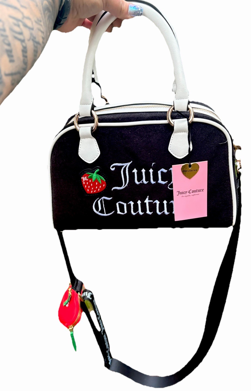 Juicy Couture Small Logo Satchel Zip Strap Strawberry Charm