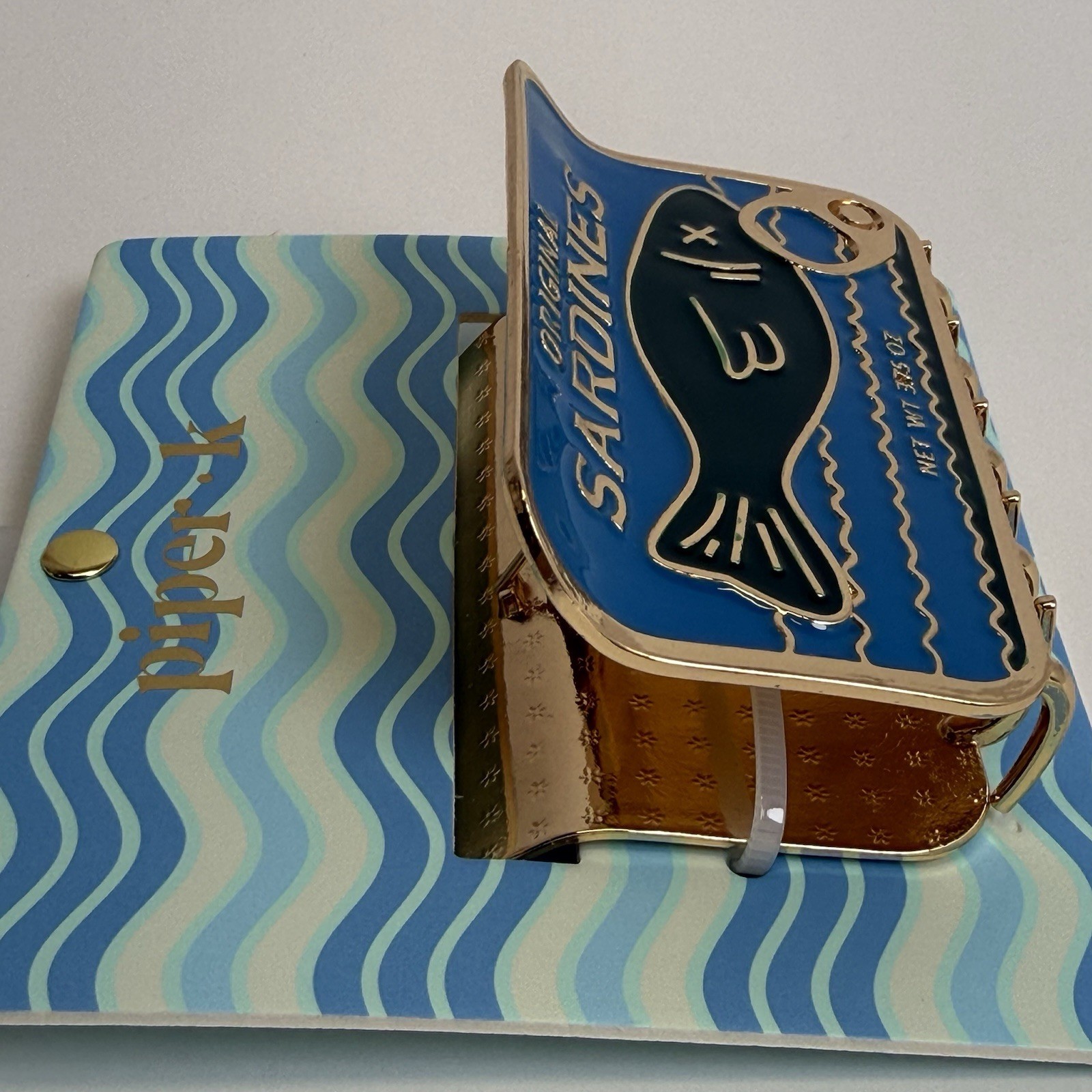 Piper K Original Sardines Hair Claw Clip Blue Gold Enamel Novelty Tinned Fish