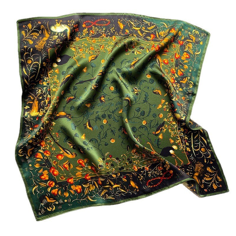 100% Mulberry Silk 20″ Square Scarf Women neckerchief Wrap Birds Print Green