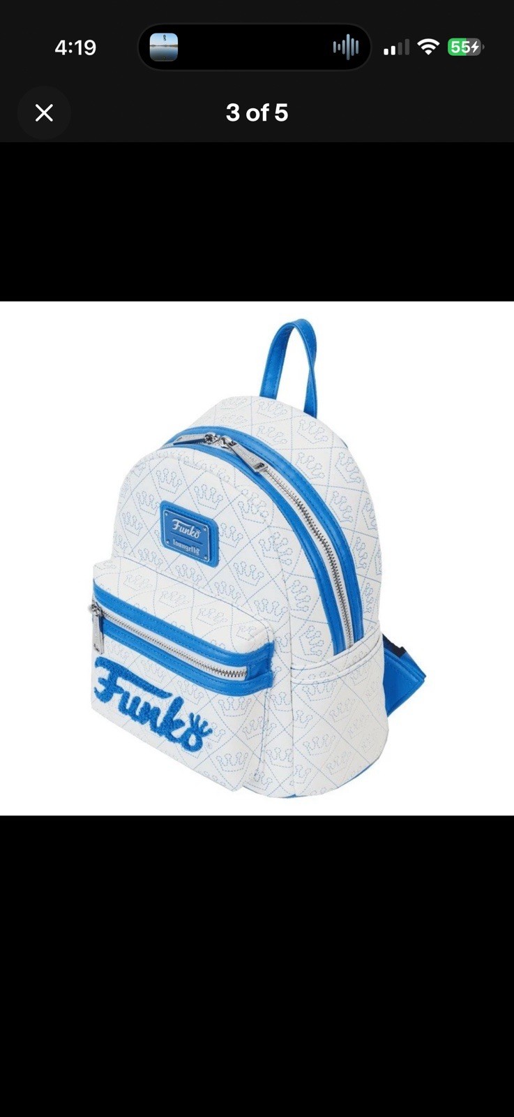 Funko Loungefly Mini Backpack White/Blue Faux Leather Logo Print Zip