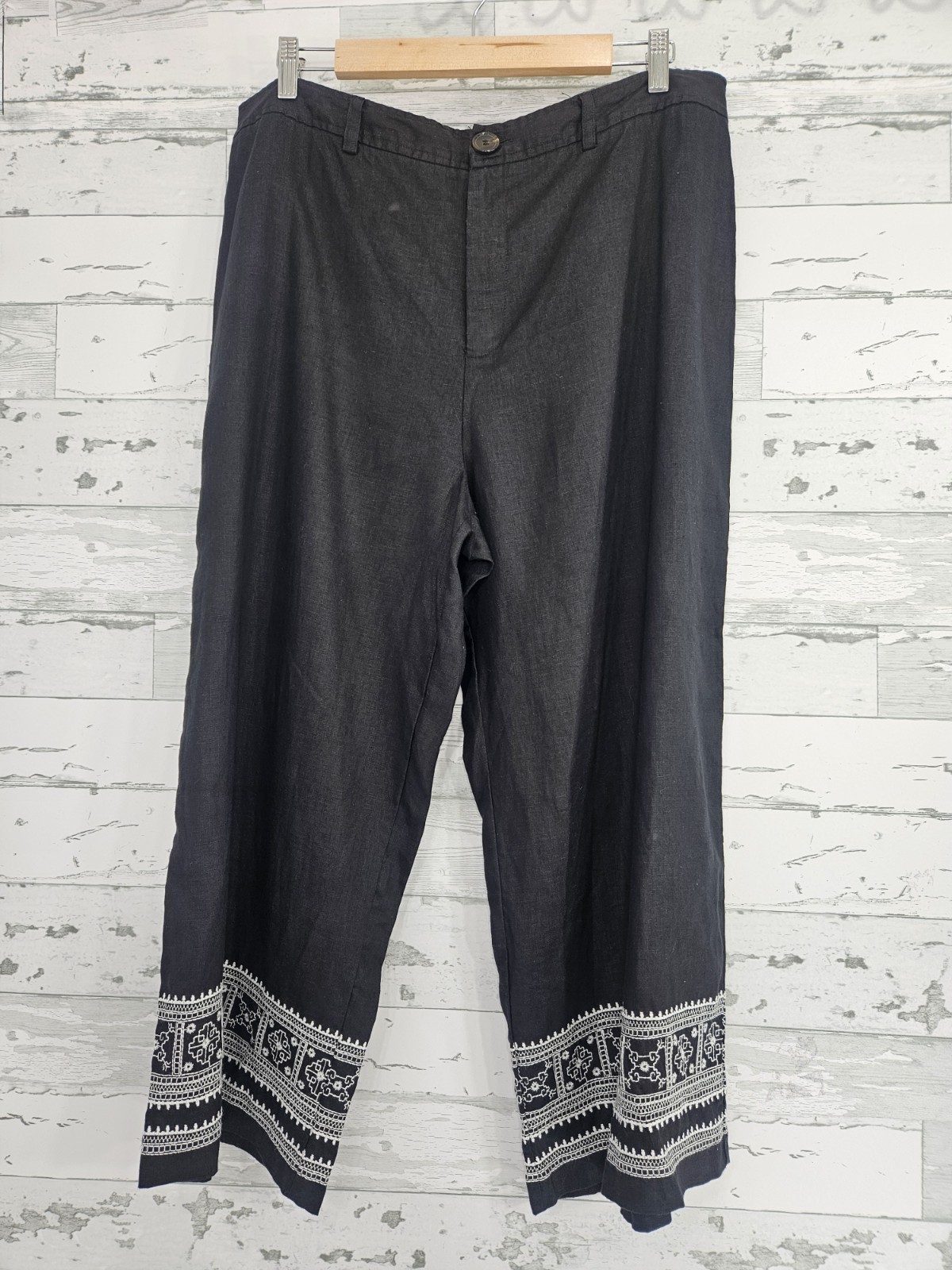 Saks Fifth Avenue Embroidered 100% Linen Cropped Pants Black Women XL