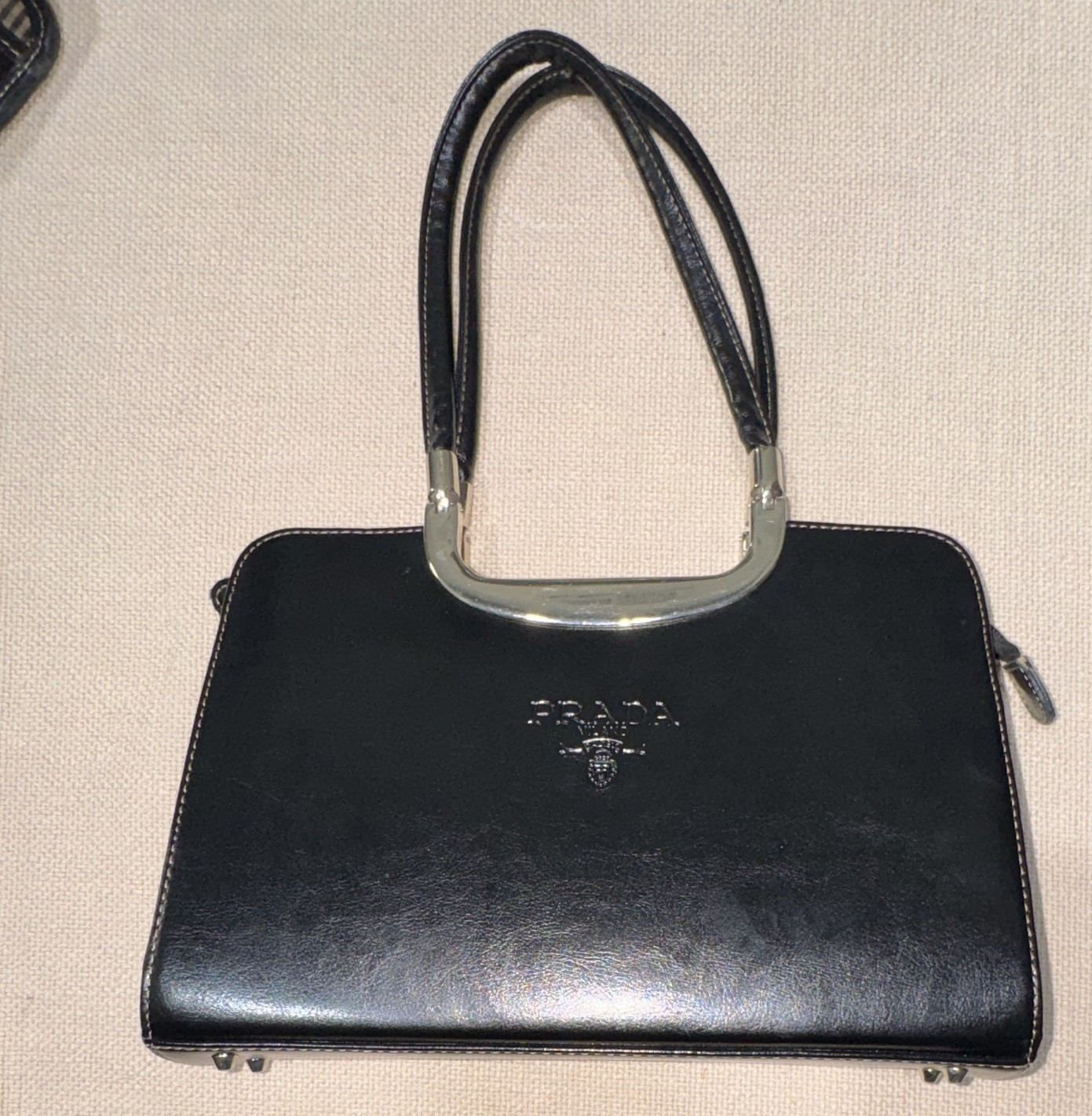 PRADA Black Top Handle Bag Zip Closure Silver Hardware Logo Pockets Lined