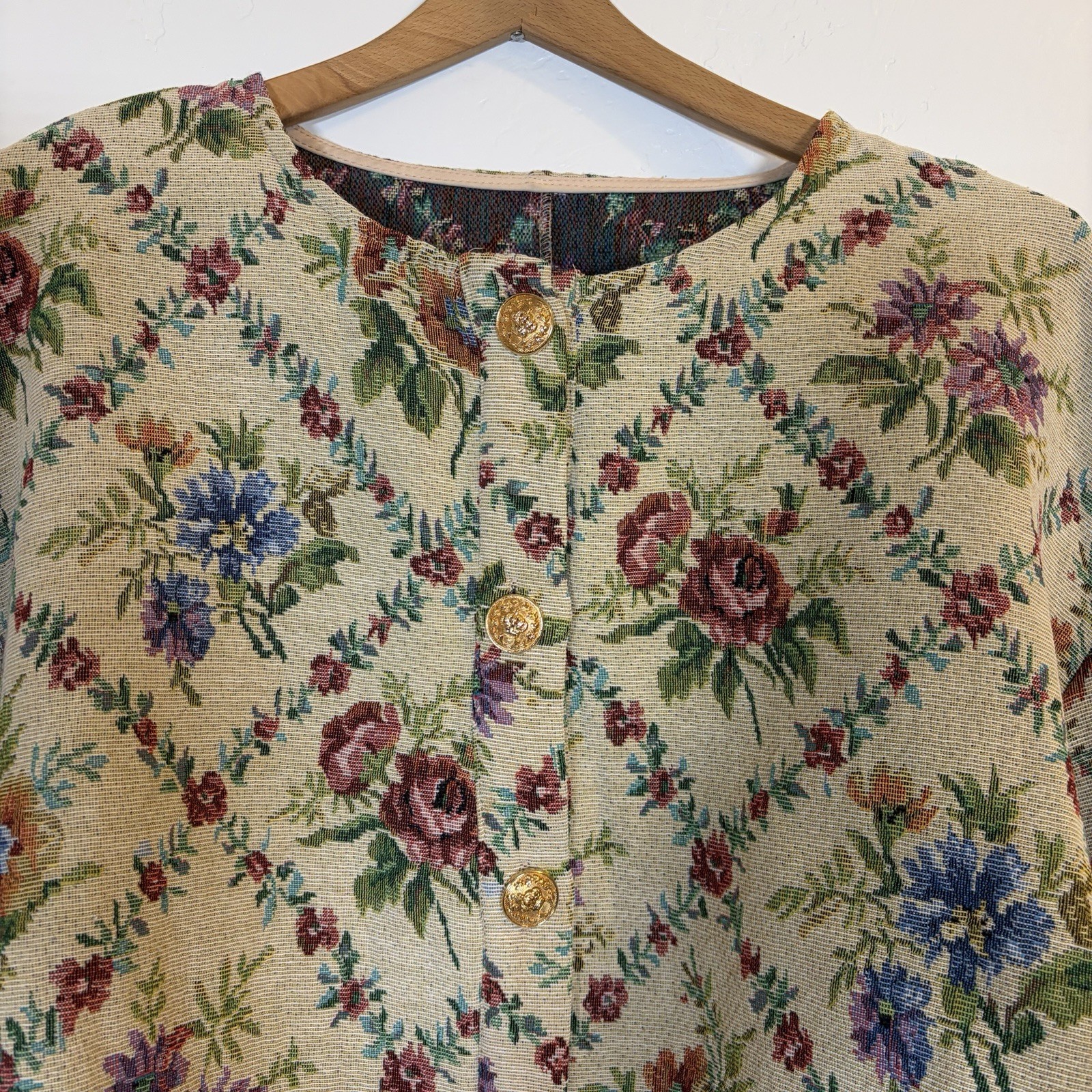 Floral Tapestry Brocade Jacket L Romantic Victorian Cottagecore Gold Button