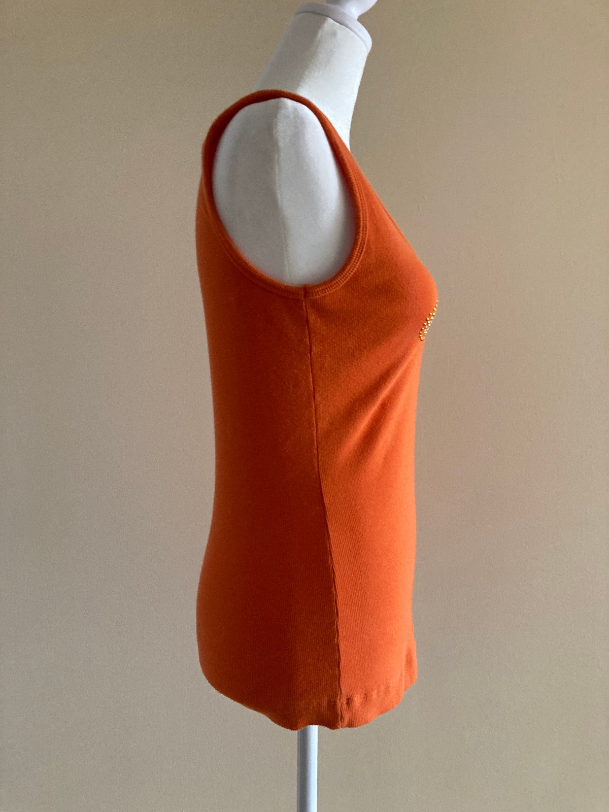 Vtg Orange Ribbed Cotton Sleeveless Tank Top Crew Neck Slim Fit Embellished Sz M