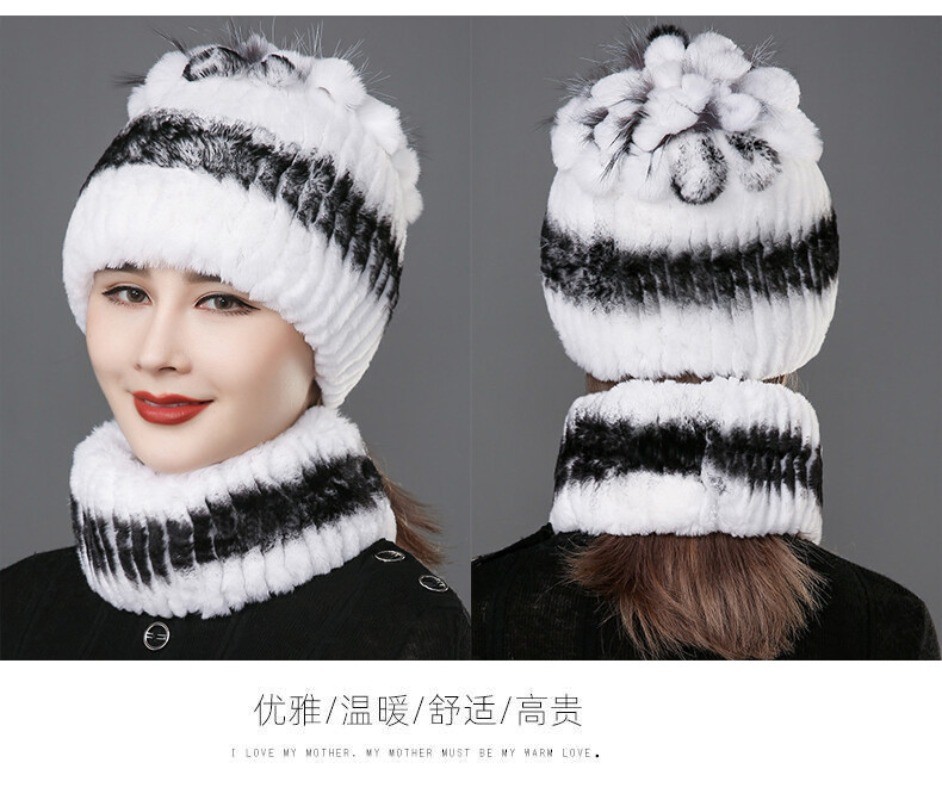 Winter Fur Hats Scarf Women Real Rex Rabbit Warm Beanie Cap With Fox Fur Fluffy