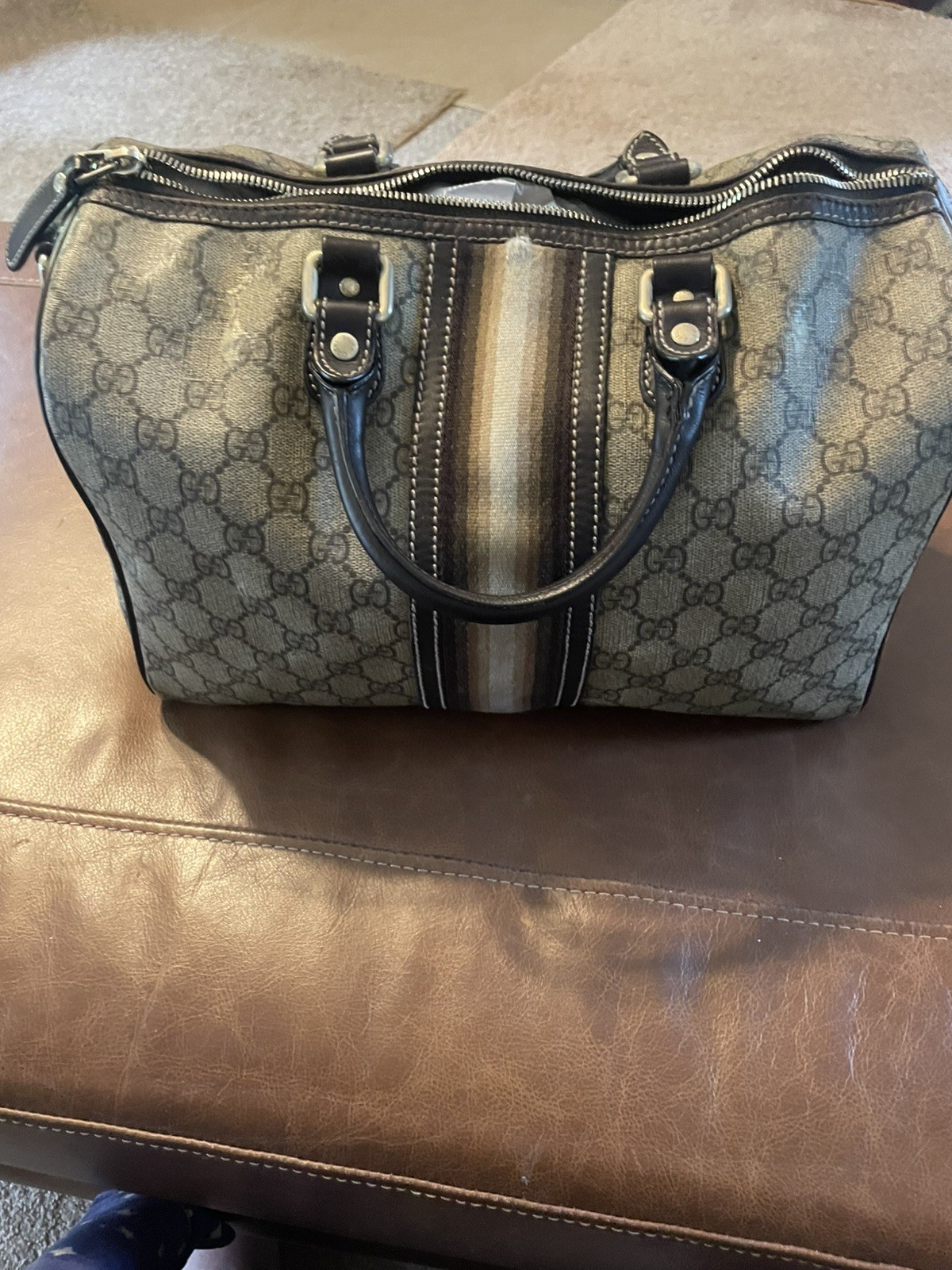 GUCCI authentic Boston Monogram Beige Canvas Leather large Boston satchel