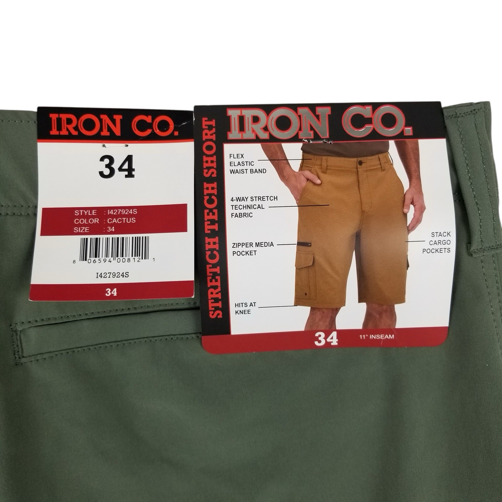 Cargo Short Men’s 34 Flex Waistband Stretch Hybrid Multi Pocket IRON CO Green