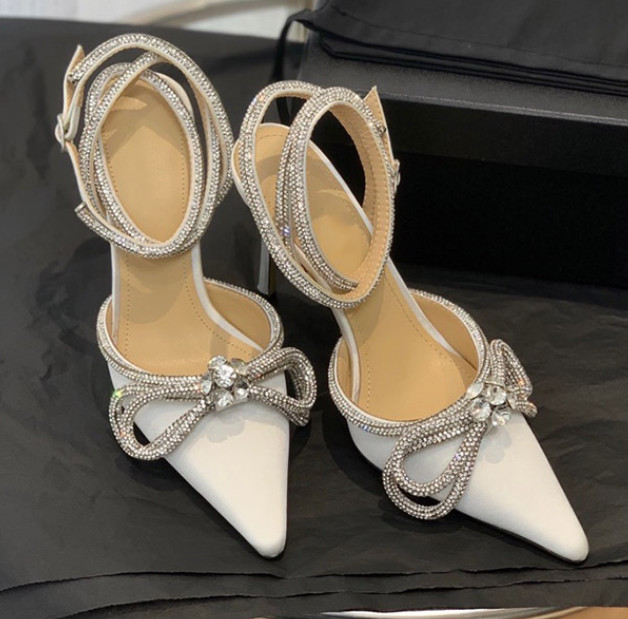Women Rhinestone Ankle Strappy Pumps Bowknot Pointed Toe Stilettos Glitter Shoes