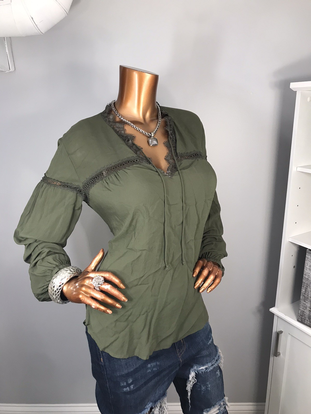 Express S Top Olive Green Lace Trims Low Cut Neck Tie Strings Blouse Soft LiteWt