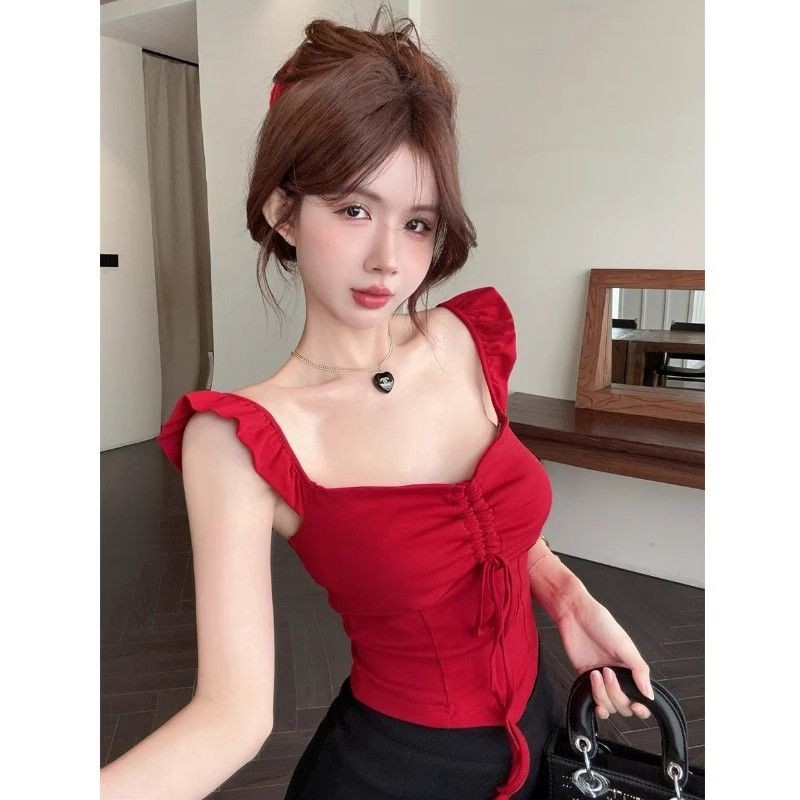 Red Camisole Bishop Sleeves Square Neckline Womens Sleeveless Top