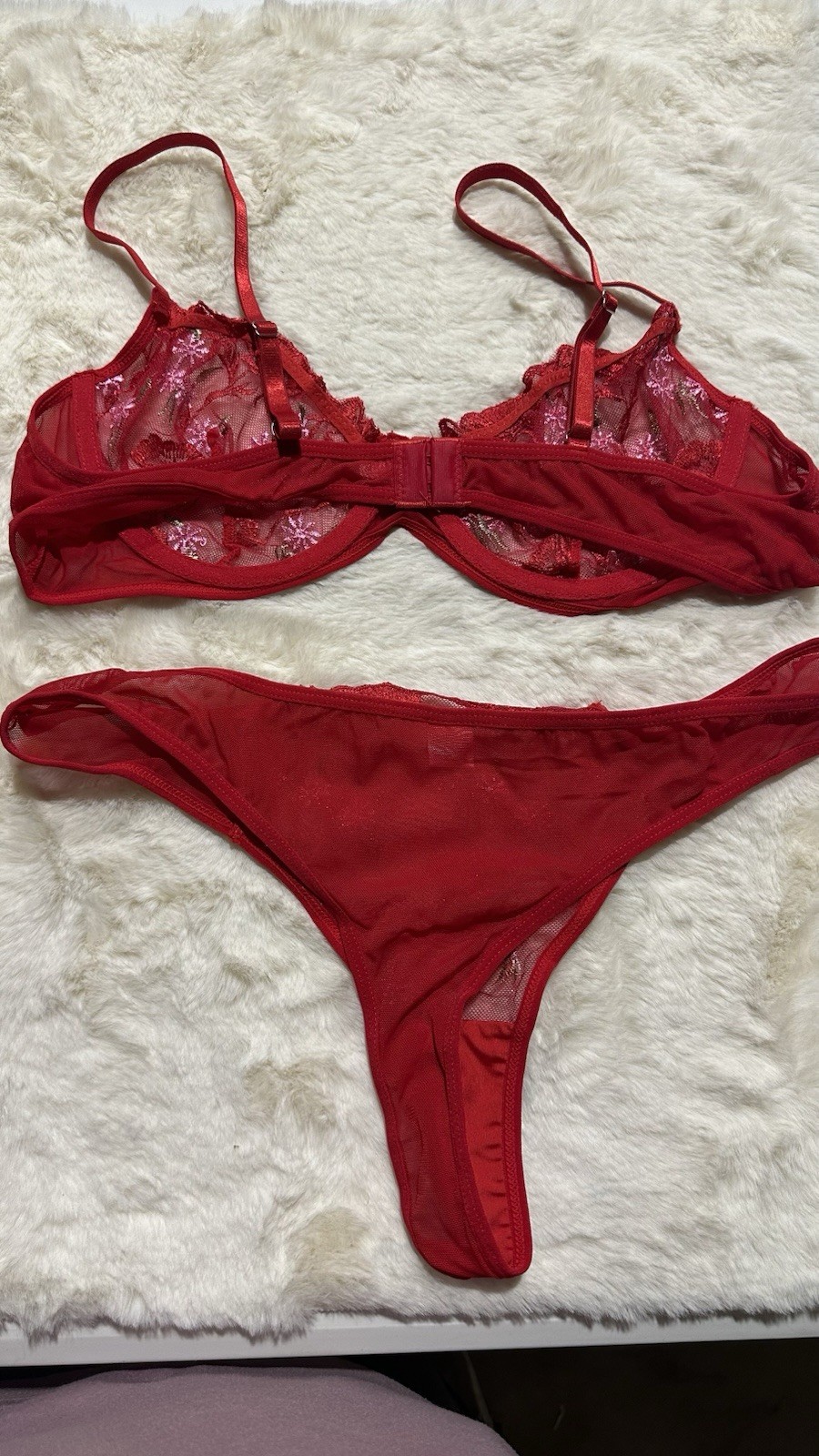 Red Lace Mesh Bra & Panties Set, Floral, Size L, New