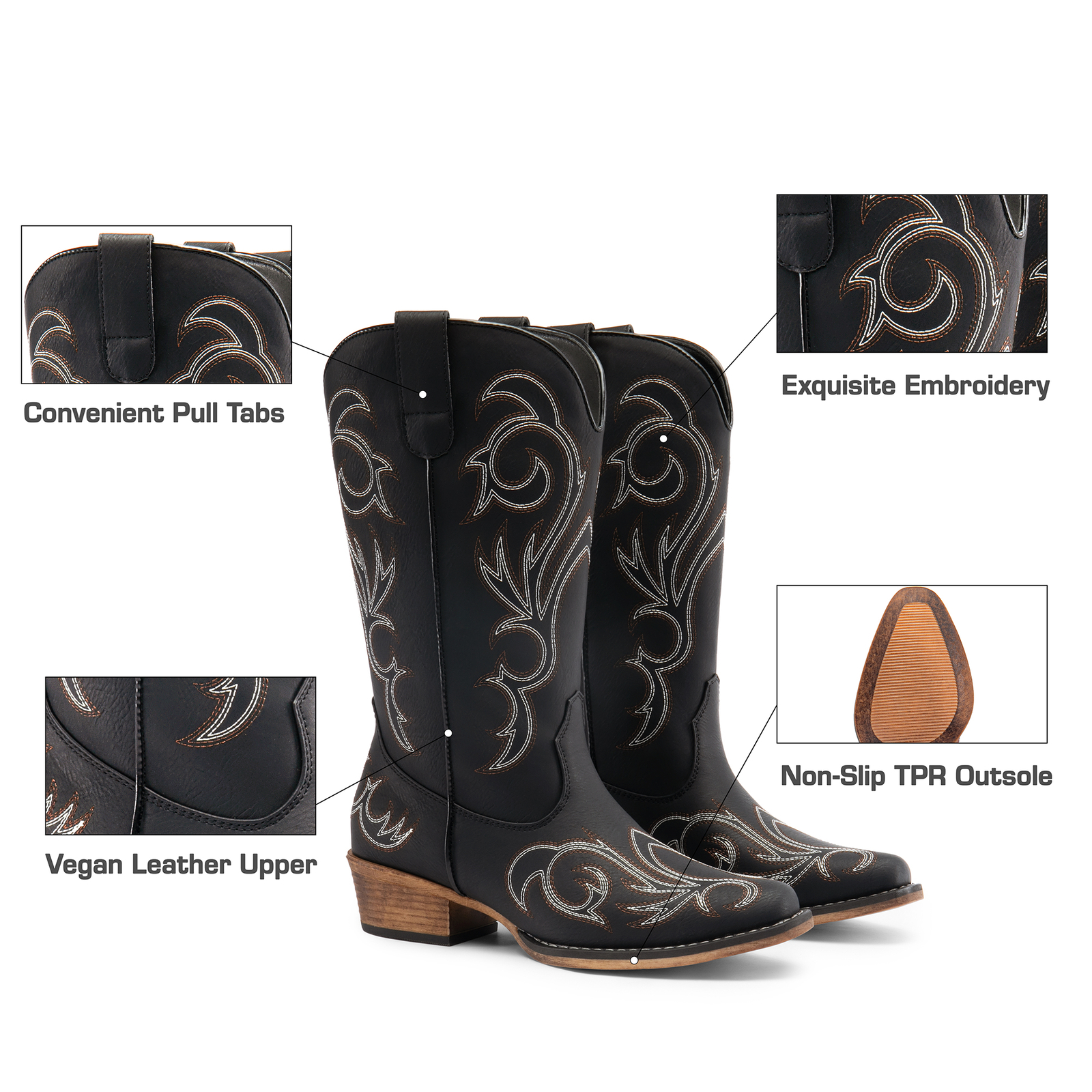 Women Low Heel Pull On Western Boots Square Toe Cowboy Cowgirl Mid Calf Boots