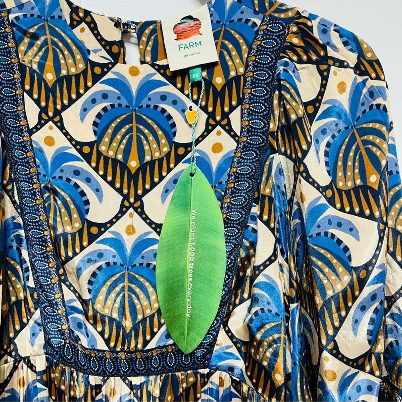 Farm Rio Cocopalm Long Dress with Flutter Sleeves in Blue, Beige, Brown Sz XS