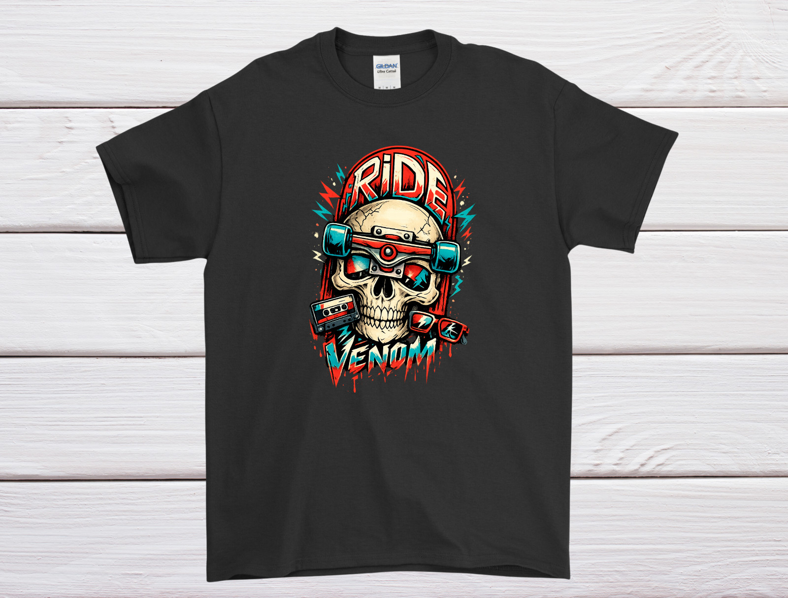 Ride The Venom Skull Skateboard T-Shirt Retro Skater Punk Graphic Tee