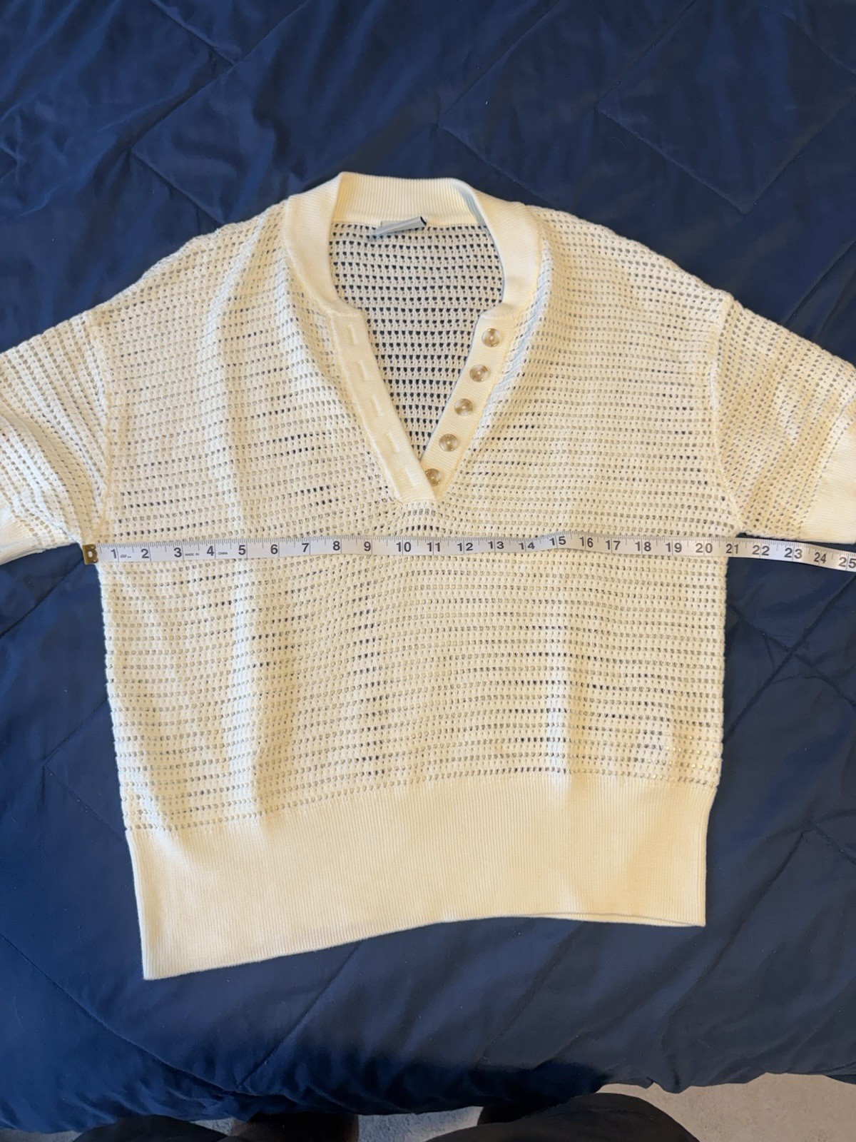 Varley Callie Knit Top M Egret Cream Medium Women’s Button Short Sleeve Shirt