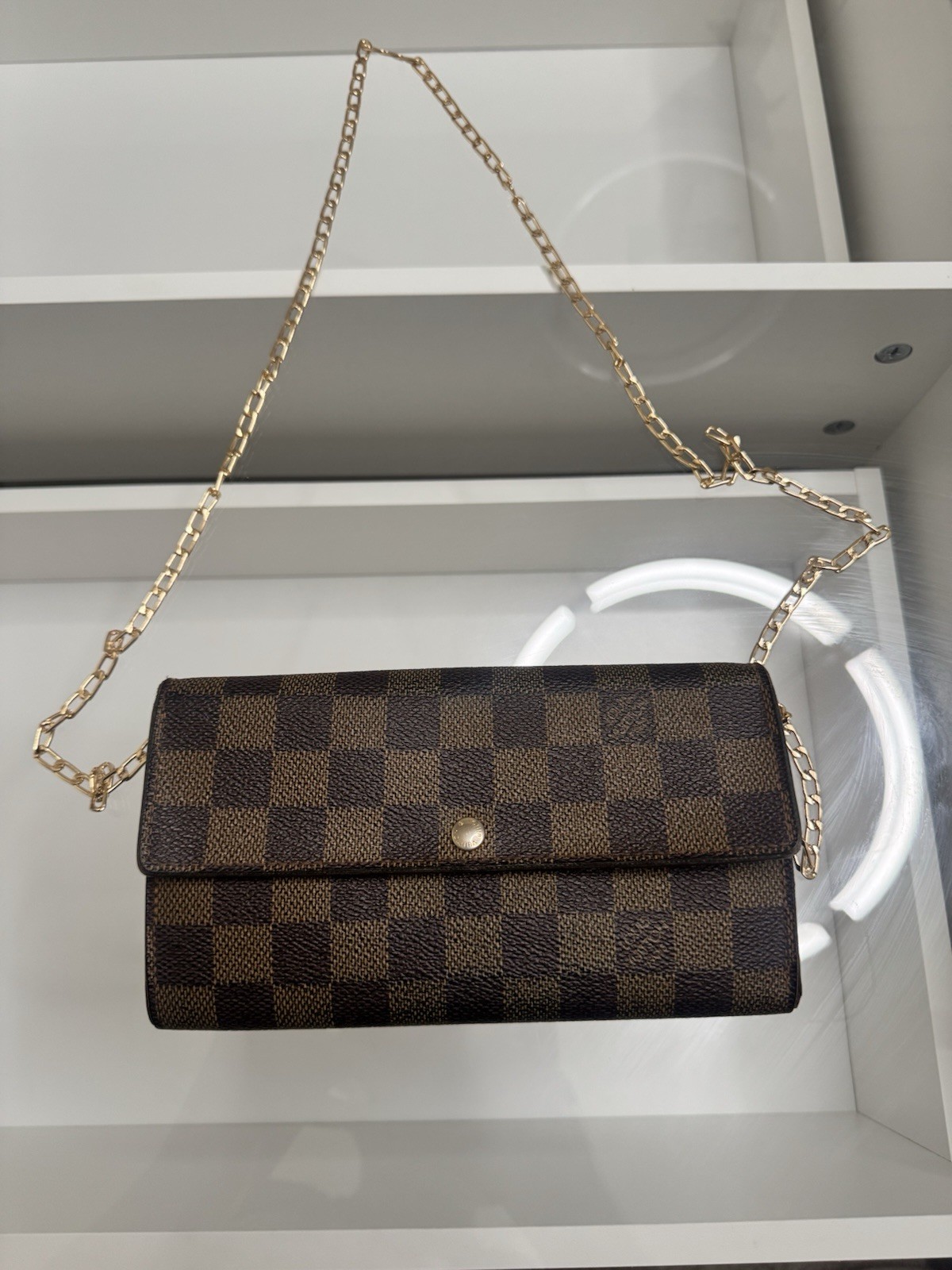 Louis Vuitton Damier Ebene Brown Small Crossbody Chain Strap Snap Inner Pockets