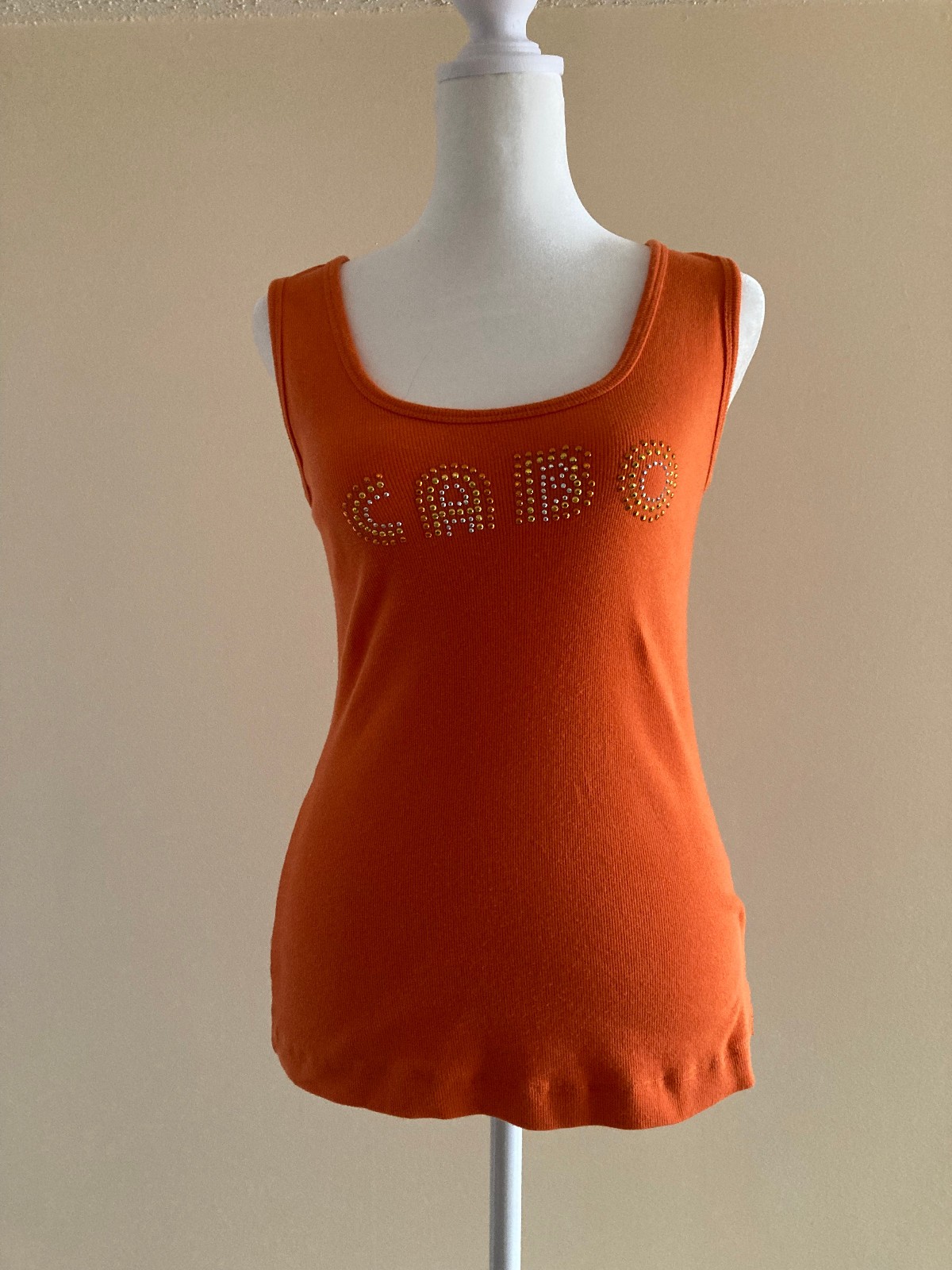 Vtg Orange Ribbed Cotton Sleeveless Tank Top Crew Neck Slim Fit Embellished Sz M