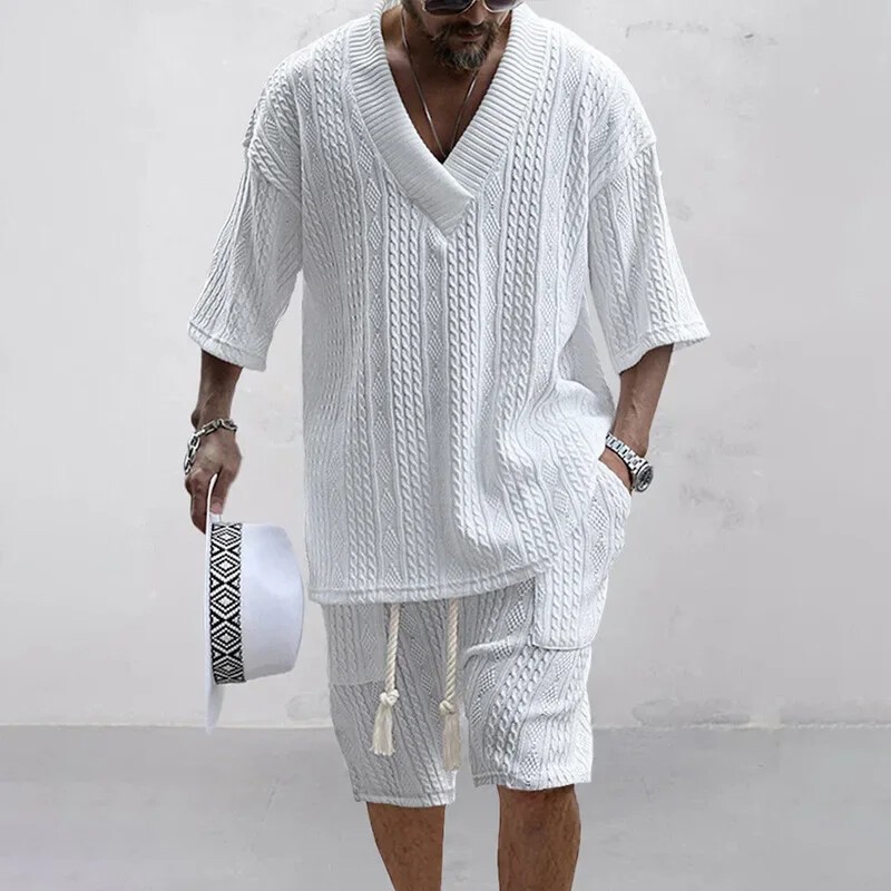 Men’s 2 Piece Knitted Set Summer Rolled Sleeve Short sleeve Shirt and Shorts Set