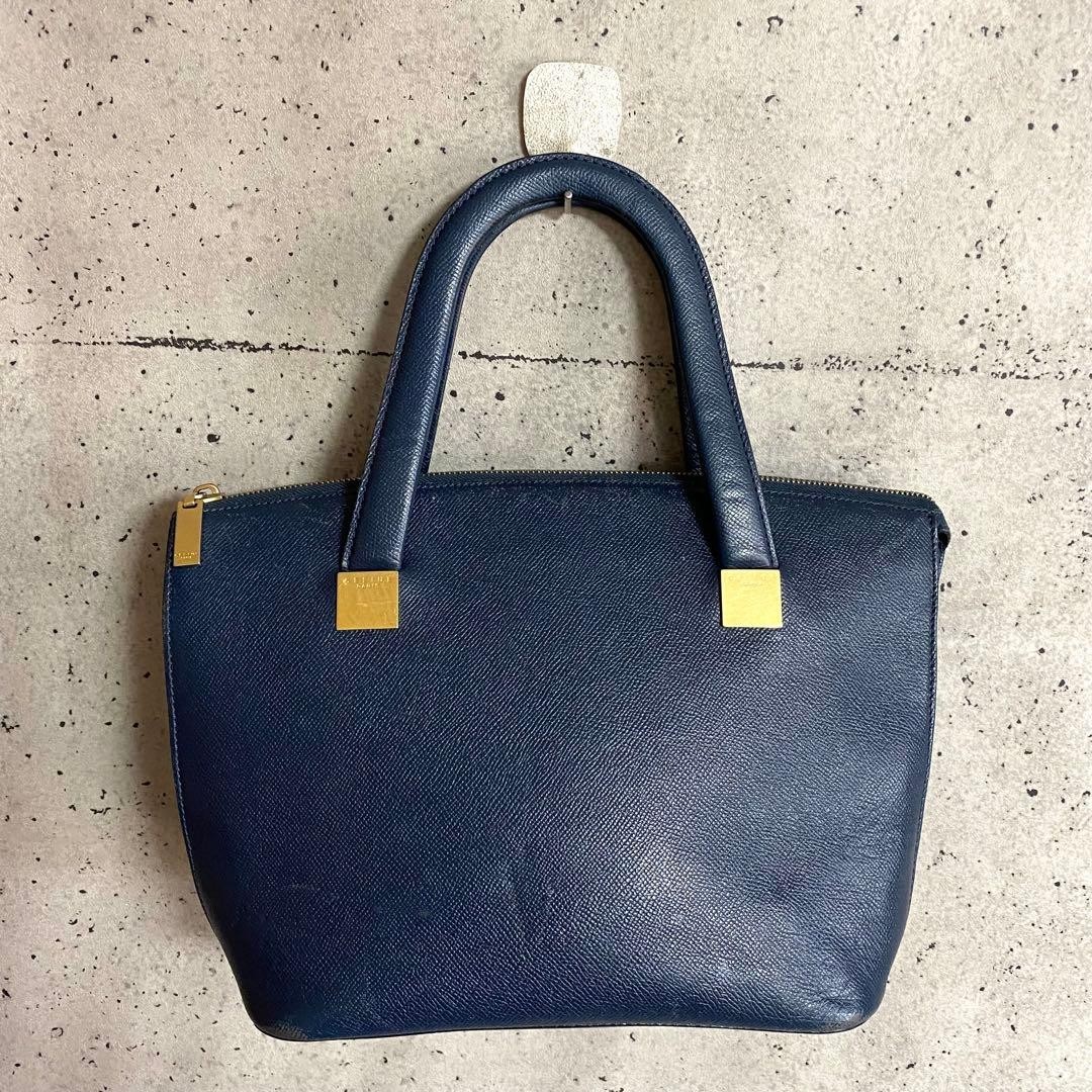 CELINE Authentic Vintage Navy Leather Tote Handbag Gold Logo Zip Top Bag