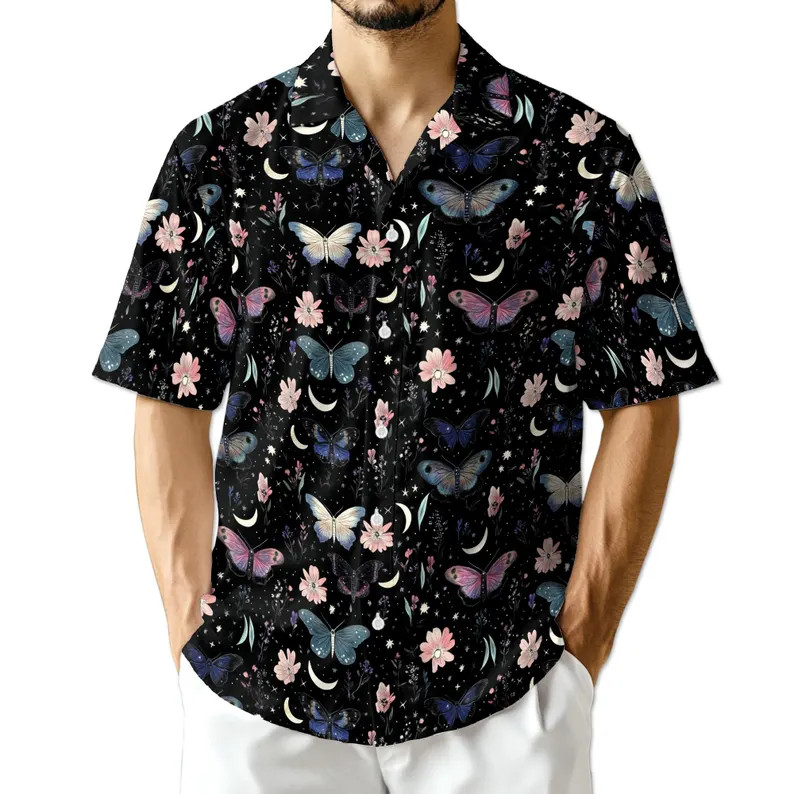 Moon Flower Hawaiian Shirt Floral Tropical Night Sky Beach Summer