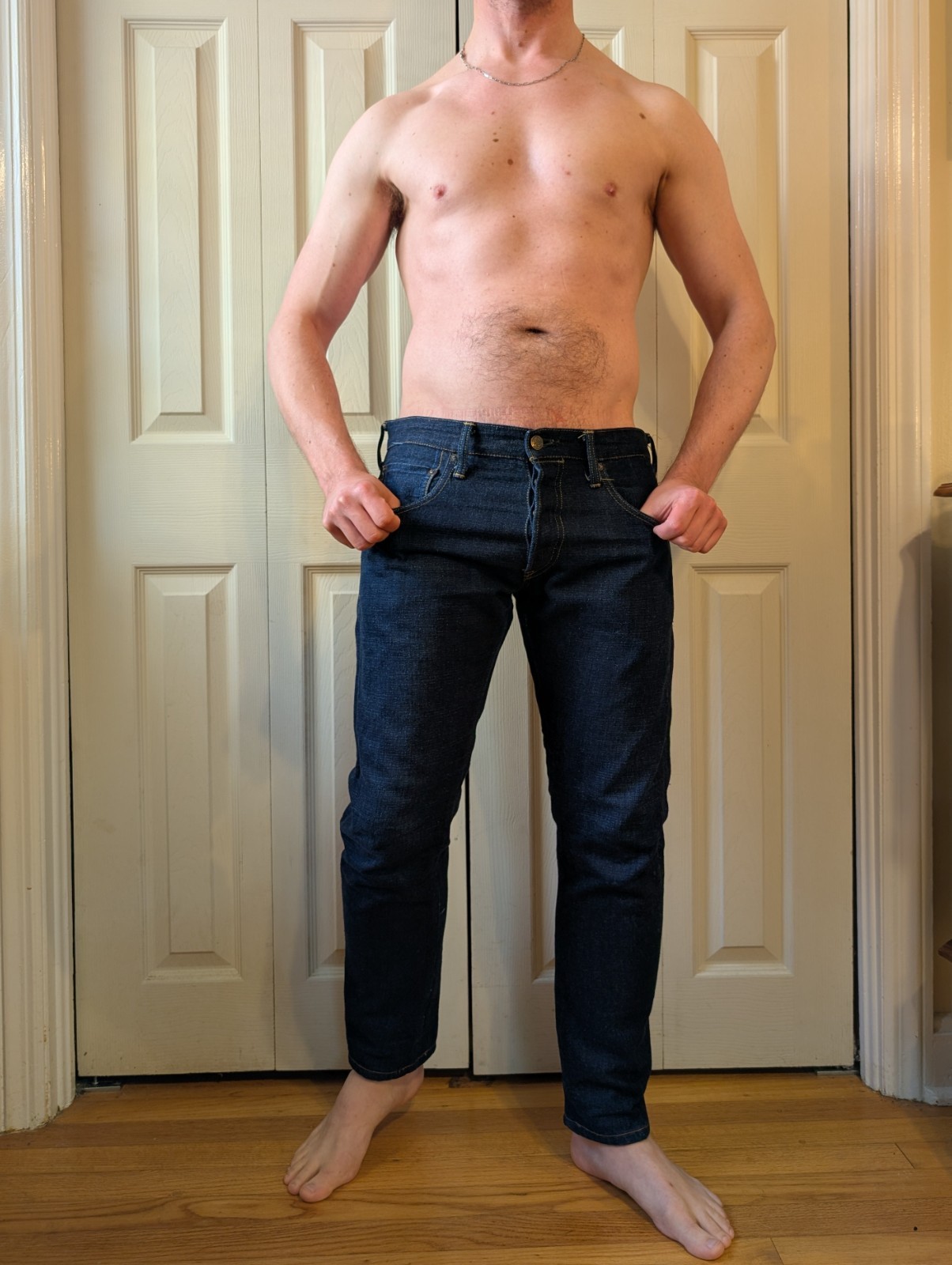 Tanuki Denim Selvedge Jeans – Slim fit, low rise, button fly.