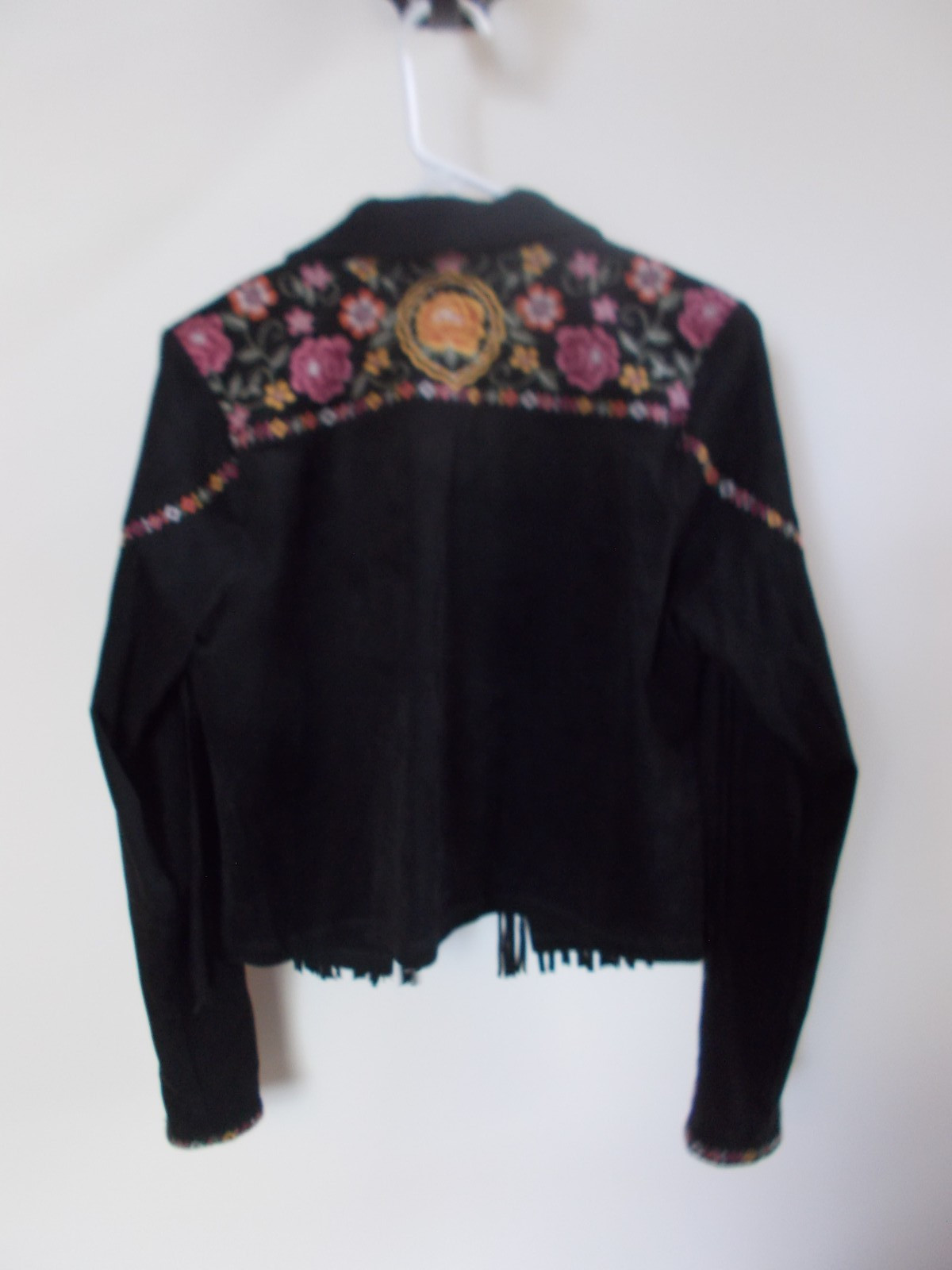Savanna Jane Faux Suede Black Embroidered Jacket Fringe Flowers sz S M