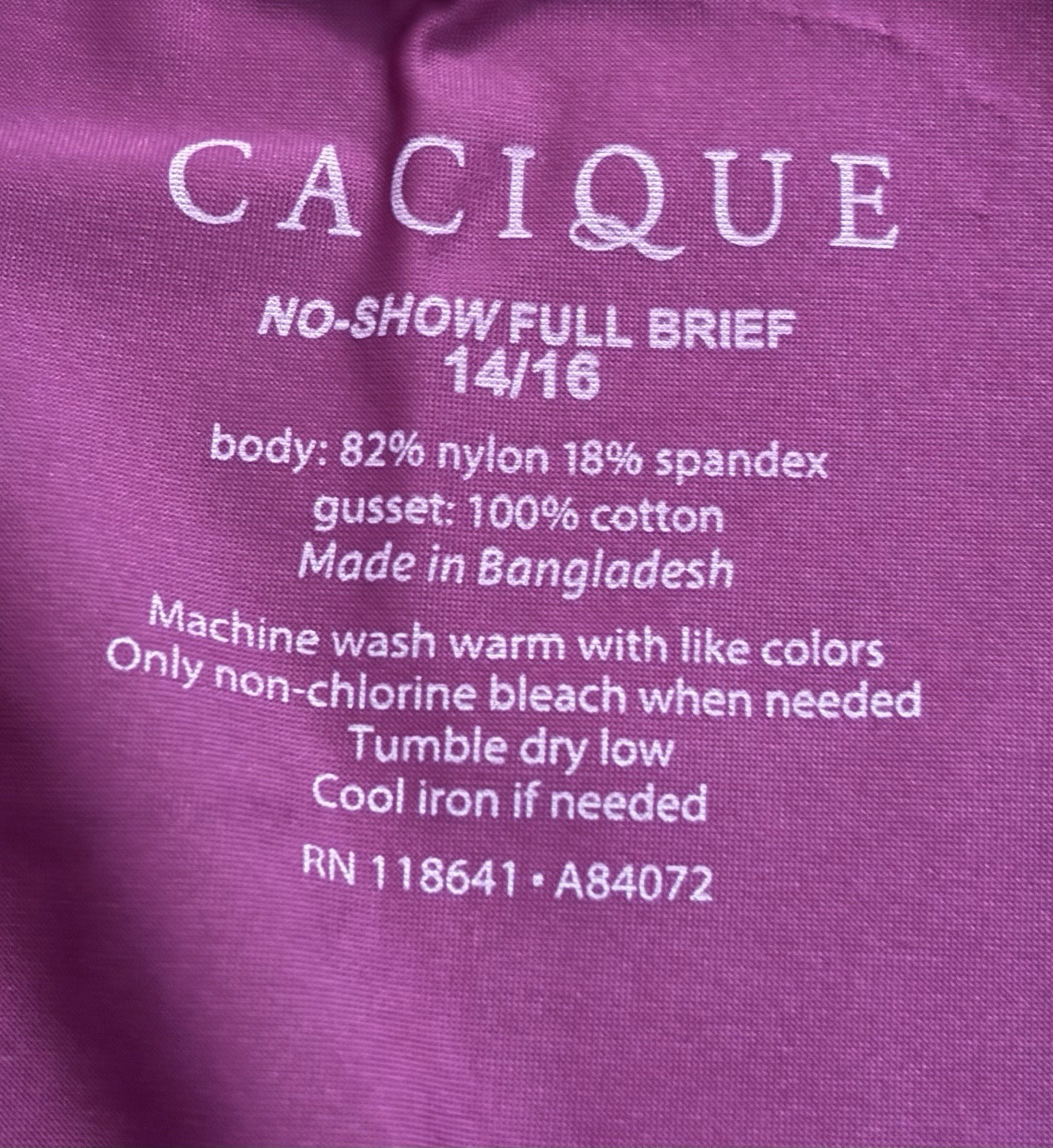 Plus Size 14/16 Lane Bryant Cacique No Show Full Brief Nylon Satin Panty Magenta