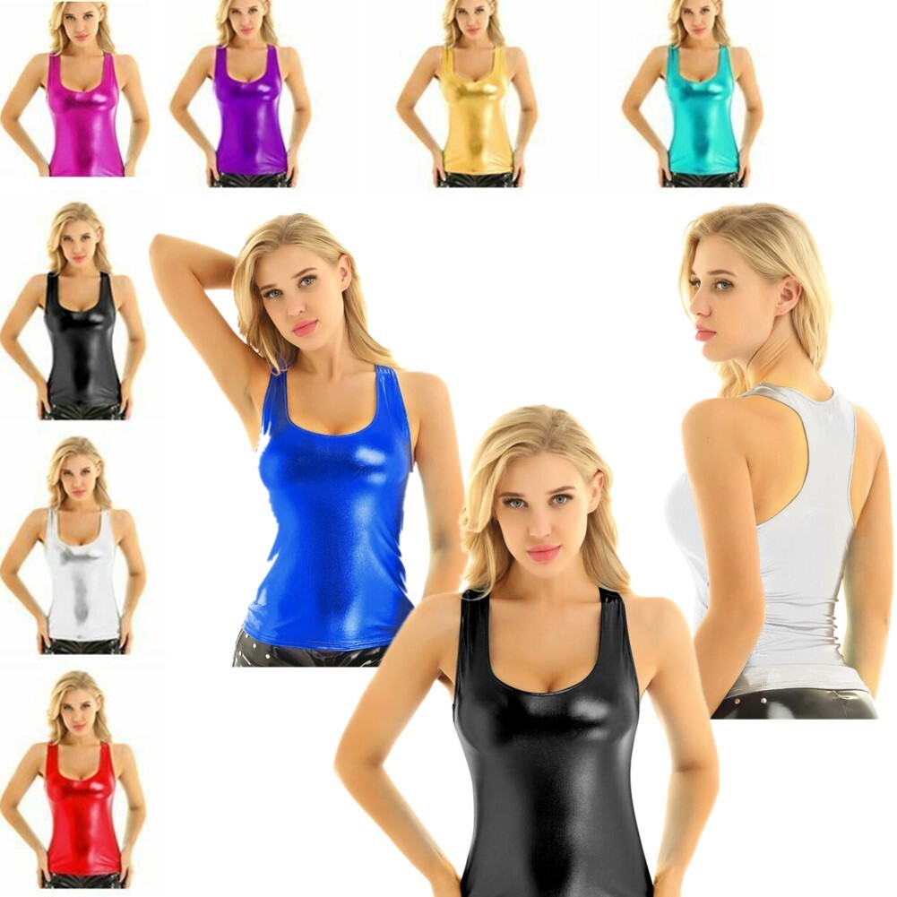 US Daenrui Woman Shiny Wet Look Tank Top Camisole Slim Fit Racerback Top Vest