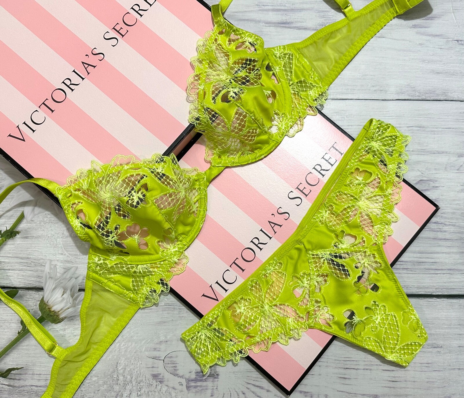 Victoria’s Secret LUXE Unlined Floral Embroidered Demi Bra Thong Set Limelight