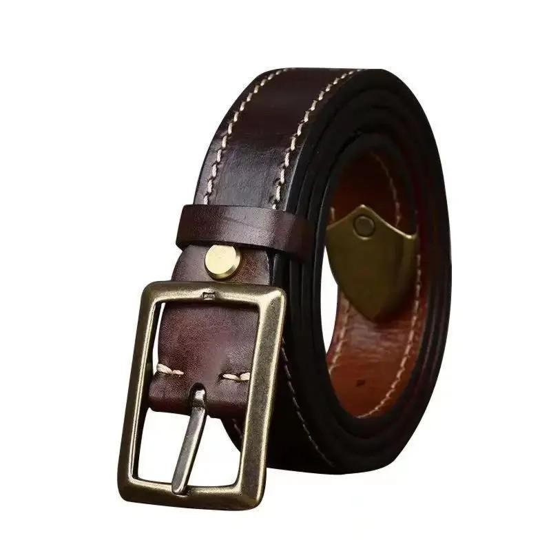 Italian Veg Tanned Cowhide Double Sided Belt Stitching Brass Buckle 3.3cm 3.8cm