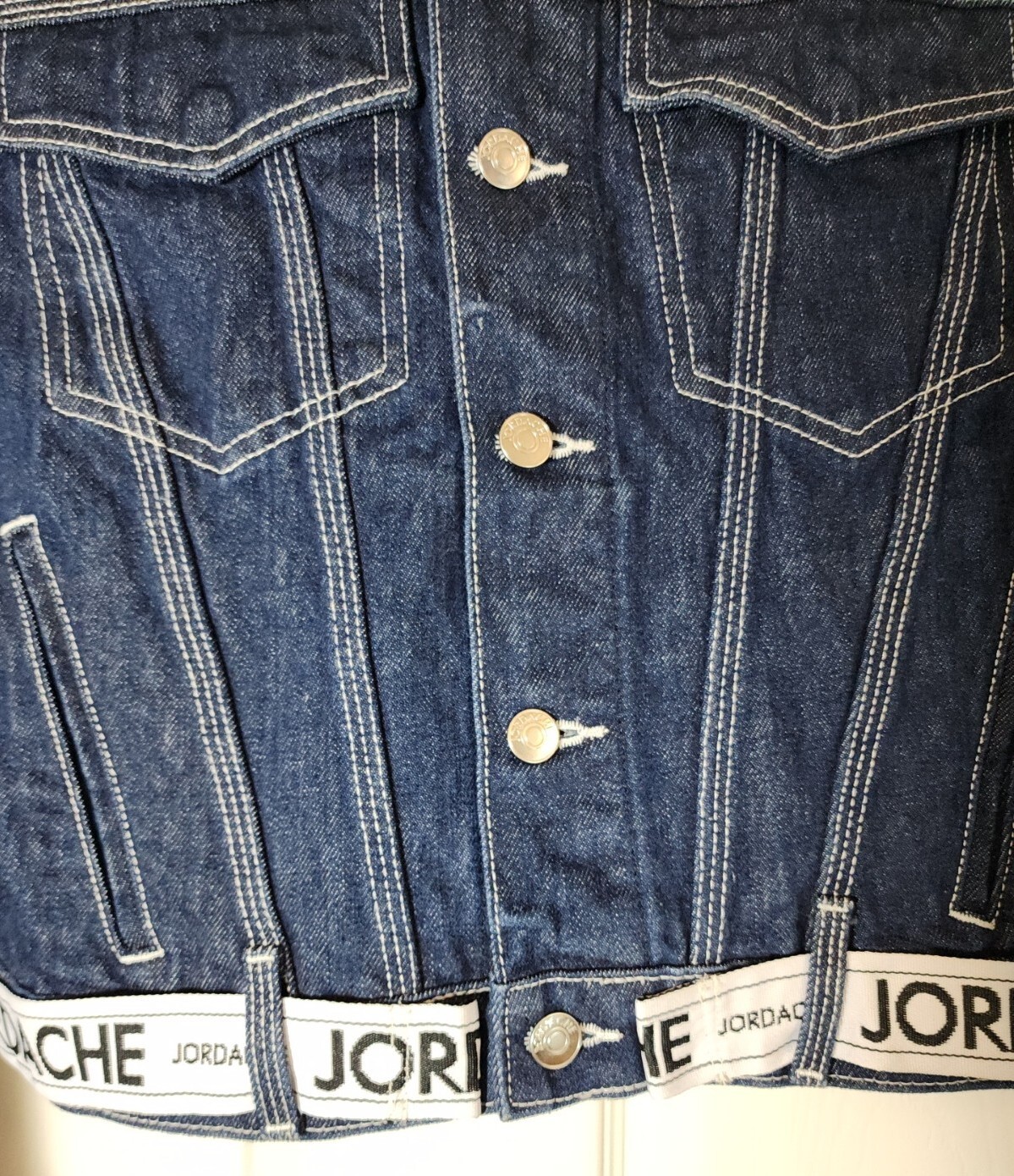 Jordache Womens Jean Jacket Crop Denim Blue Trucker 80s 90s Cotton Logo Lg