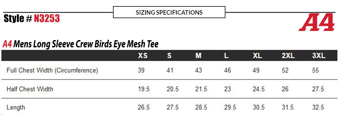 A4 Mens Long Sleeves 100% Polyester Crew Birds Eye Mesh T-Shirt N3253 XS-3XL