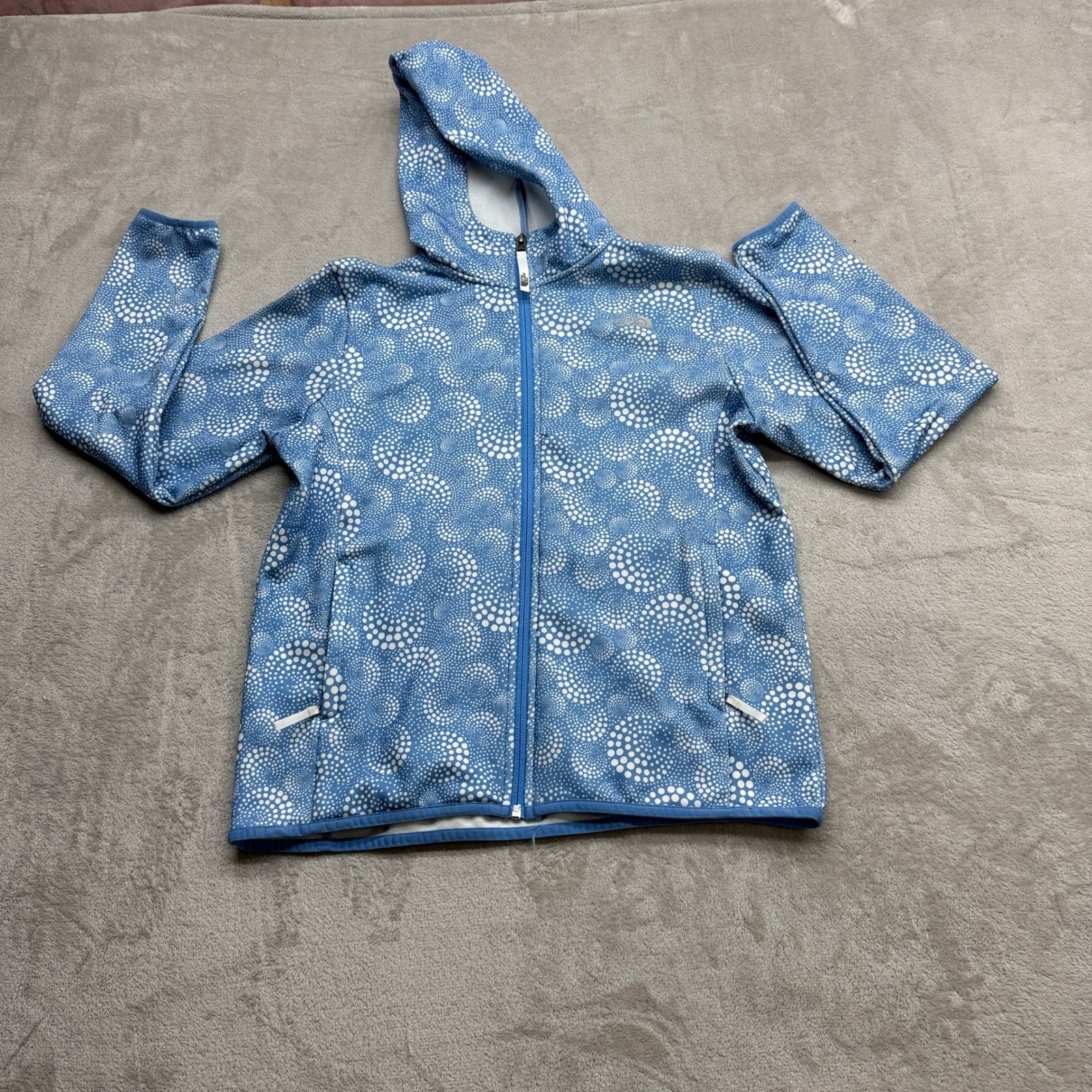 The North Face Full Zip Hoodie Girls XL Blue Polka Dot Swirl Softshell Jacket