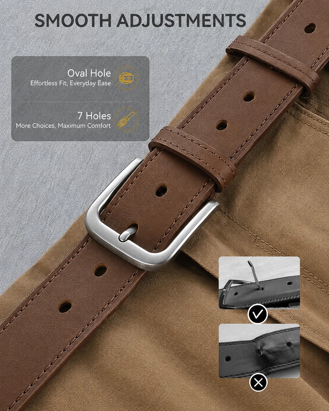 Men’s Genuine FULL GRAIN Leather Belt, Brown Zinc Alloy Pin Buckle Size 28-46