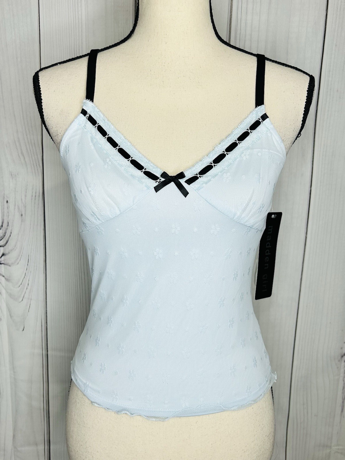 NWT Madden Girl Light Blue Floral Lace Mesh Overlay Cami Top Bow Trim Sz M