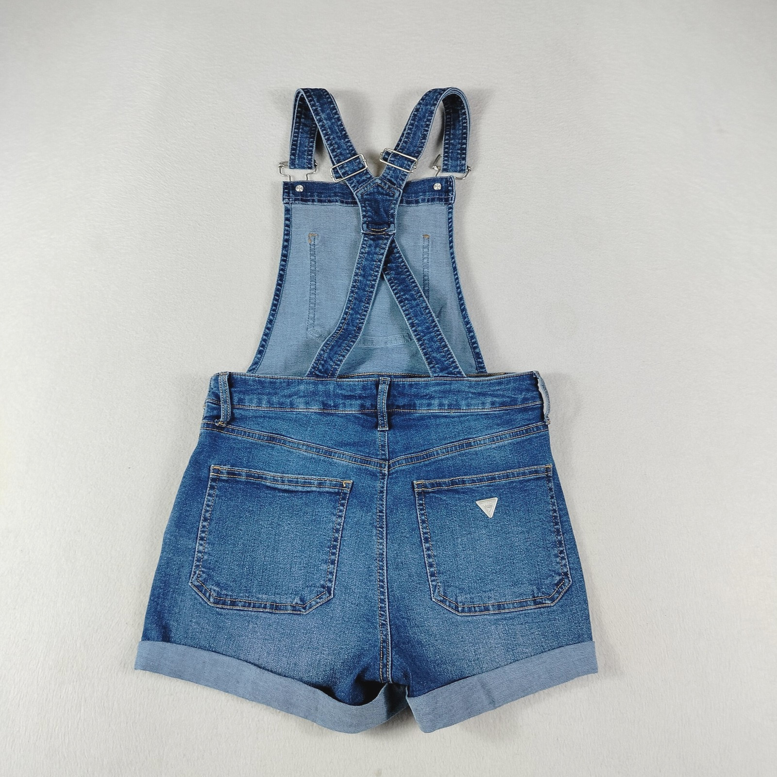Guess Y2K Shortalls Womens 27 Blue Denim Adjustable Straps Cuffed Bib Minimalist