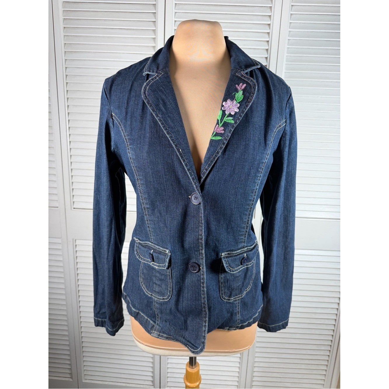 DCC Stretch Denim Blazer Jacket Floral Embroidered Blue Jean Medium M