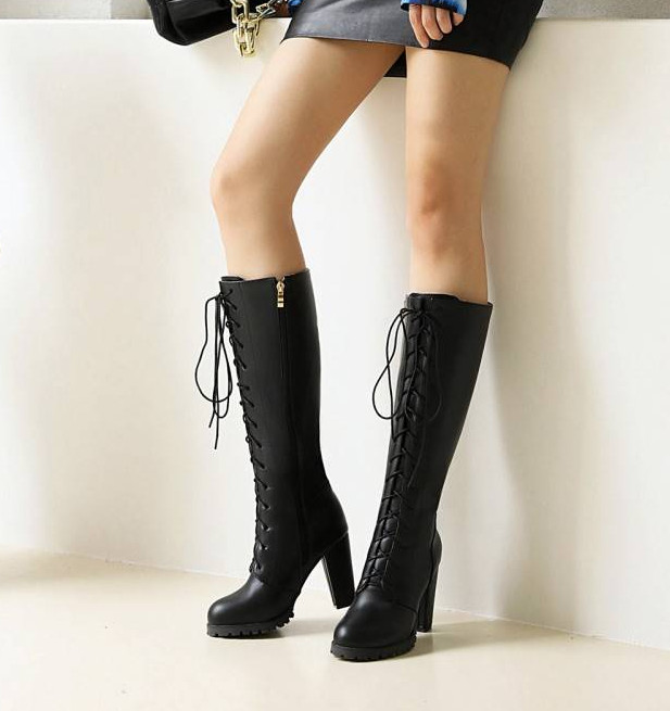 Women’s Round Toe Lace Up Knee High Boots Block Heels Side Zipper Fashion Shoes