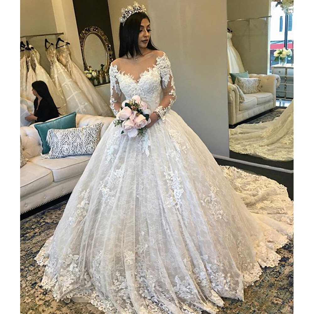 Wedding Dresses Puffy Long Sleeves Lace Applique Court Train V-neck Bridal Gowns