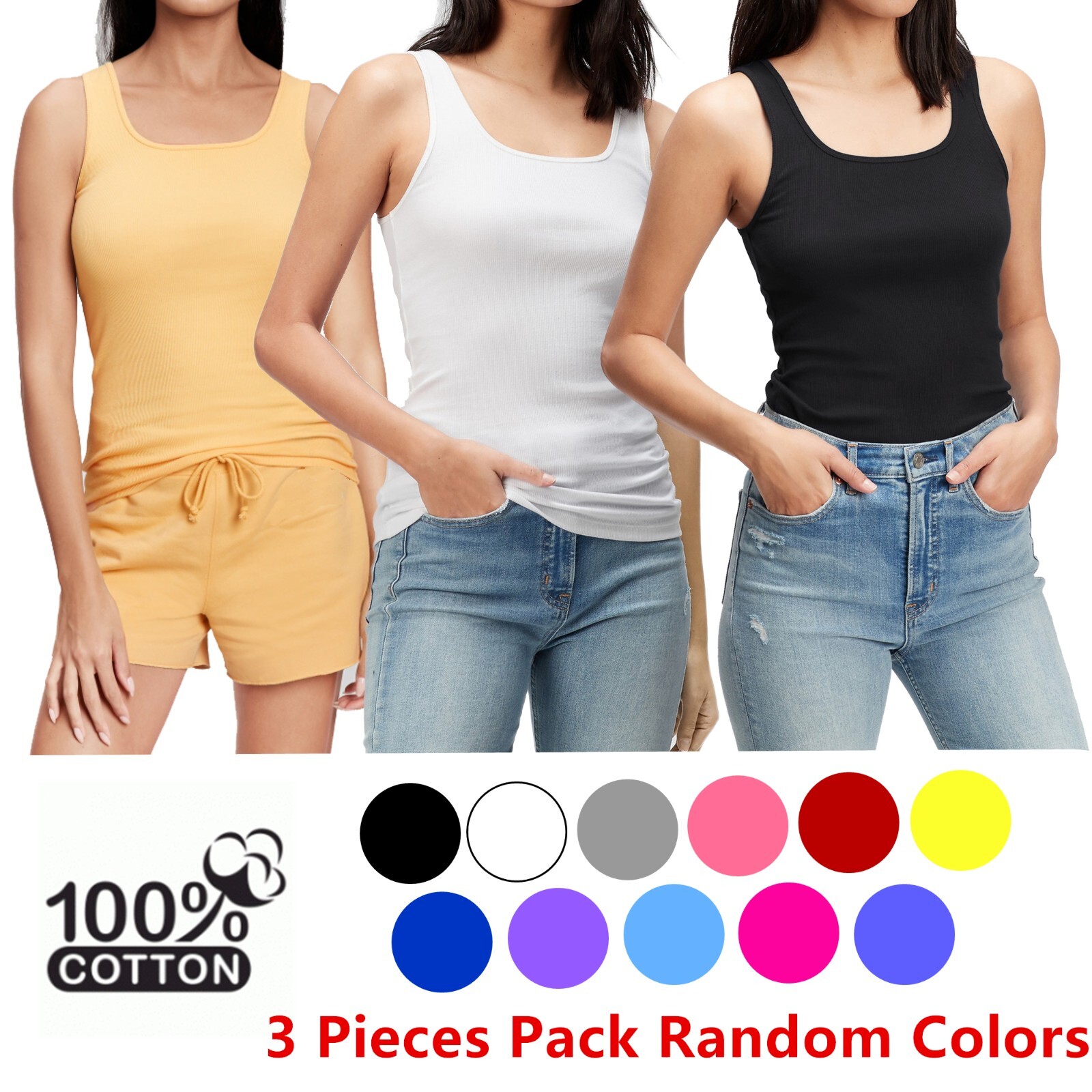 3 Pack Women 100% Cotton Basic Ribbed Tank Top Sleeveless Shirts Mix Colors