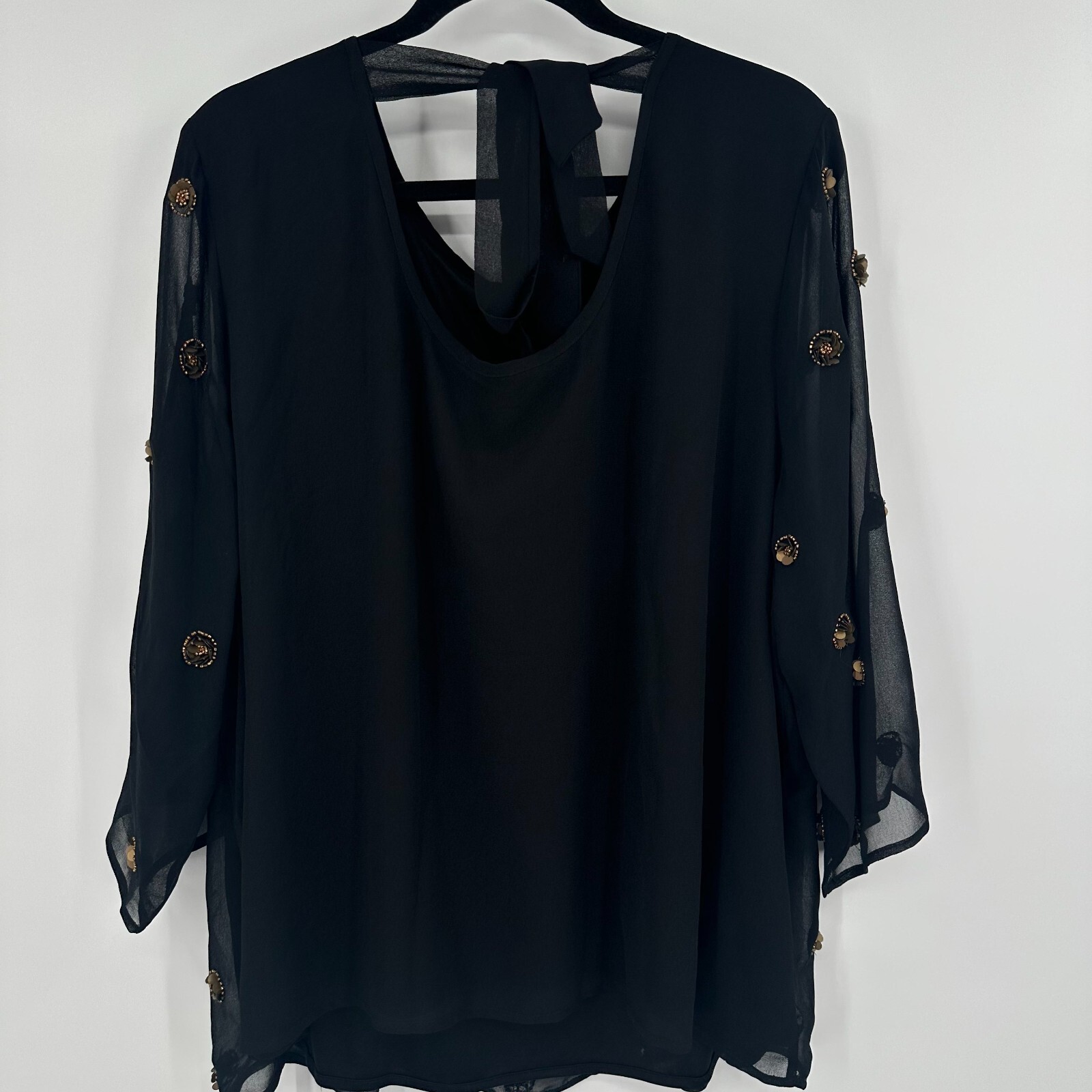 Joanna Hope Blouse Top Women’s 24 Black Chiffon Embellished Layered Back Tie