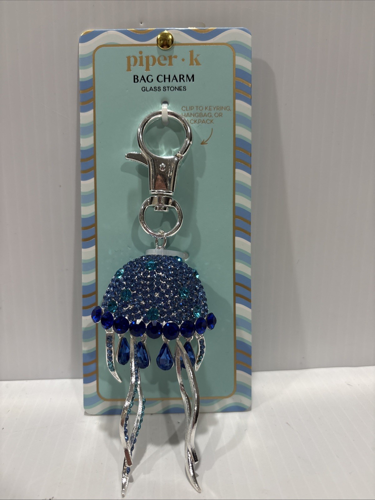 💙NWT Piper K Blue Rhinestone Jelly Fish Bag Charm / Keychain Blue Crystal