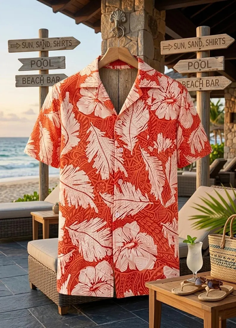 Mens Orange Leaf Flower Hawaiian Shirt Tropical Aloha