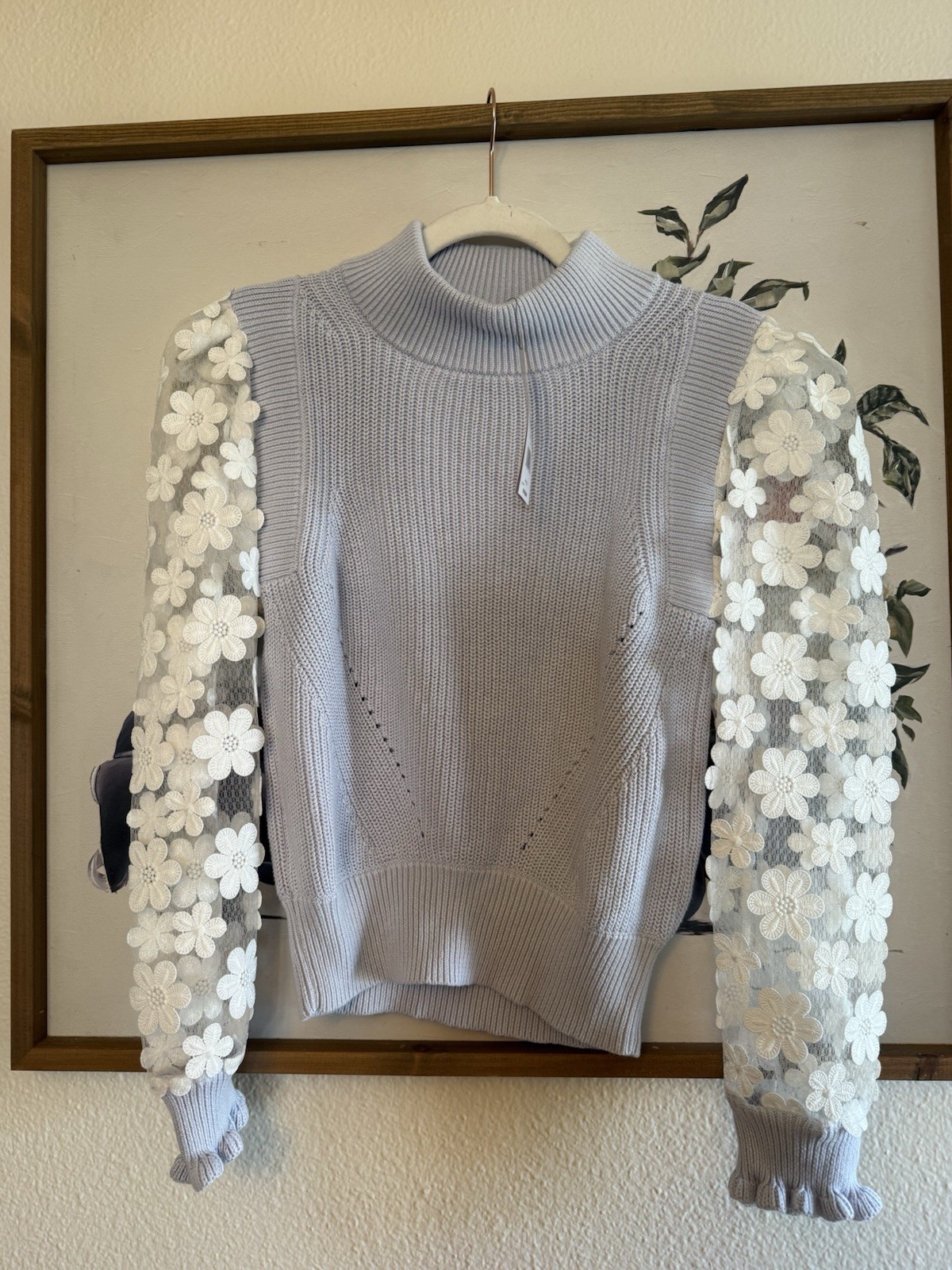 French Connection M Blue White Mock Neck Sheer Floral Knit Pullover